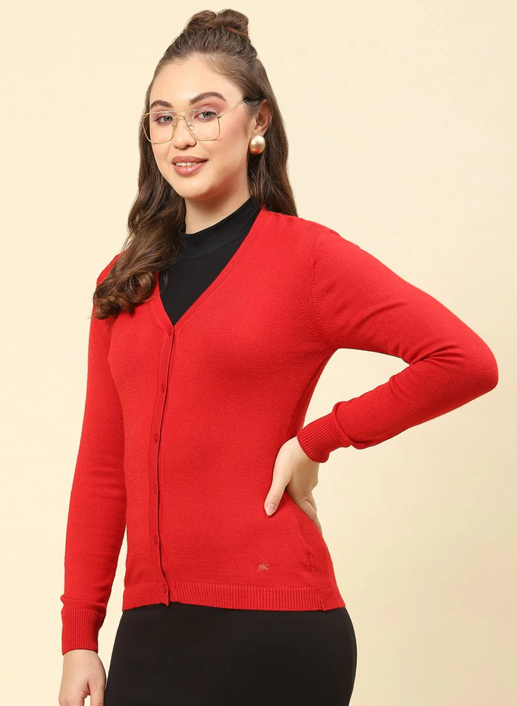 Women Red Solid Modal Nylone Cardigan - Image 3