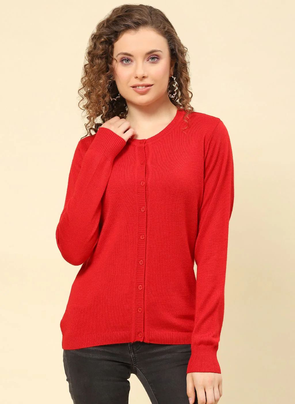 Women Red Solid Modal Nylone Cardigan - Image 2