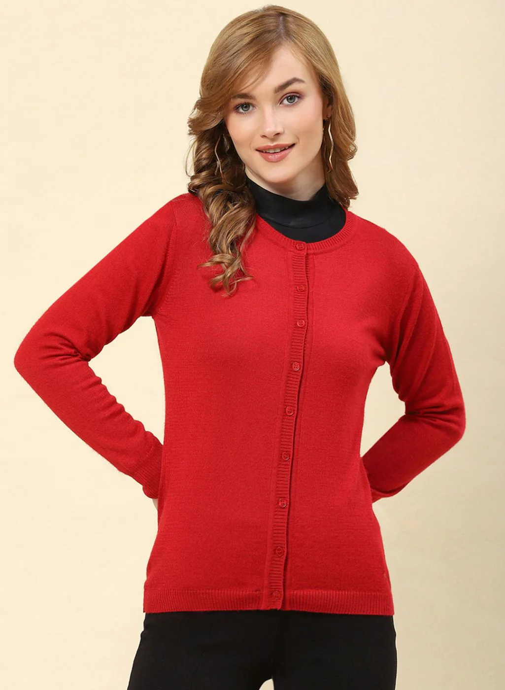 Women Red Solid Modal Nylone Cardigan - Image 2