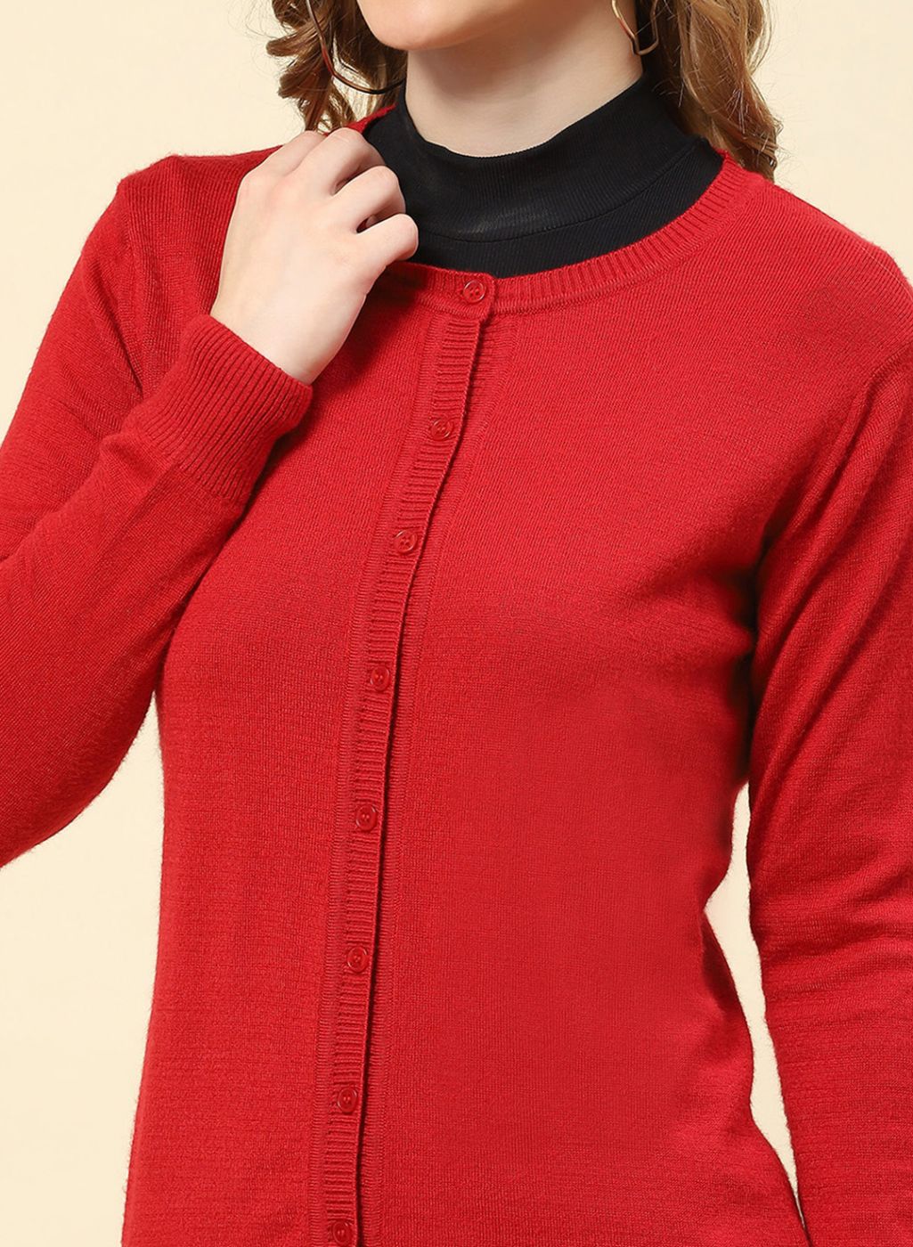 Women Red Solid Modal Nylone Cardigan - Image 6