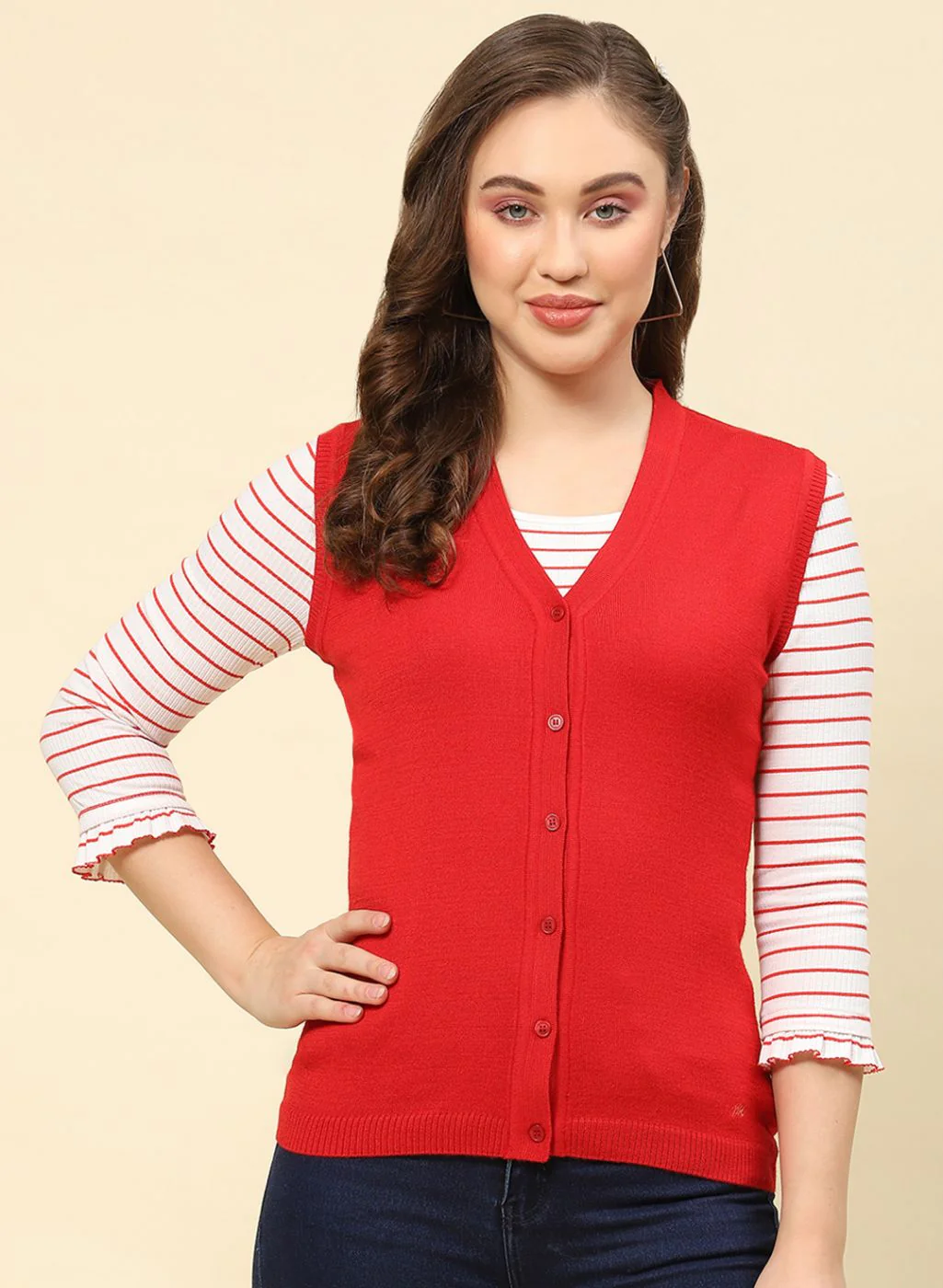 Women Red Solid Modal Nylone Cardigan - Image 2