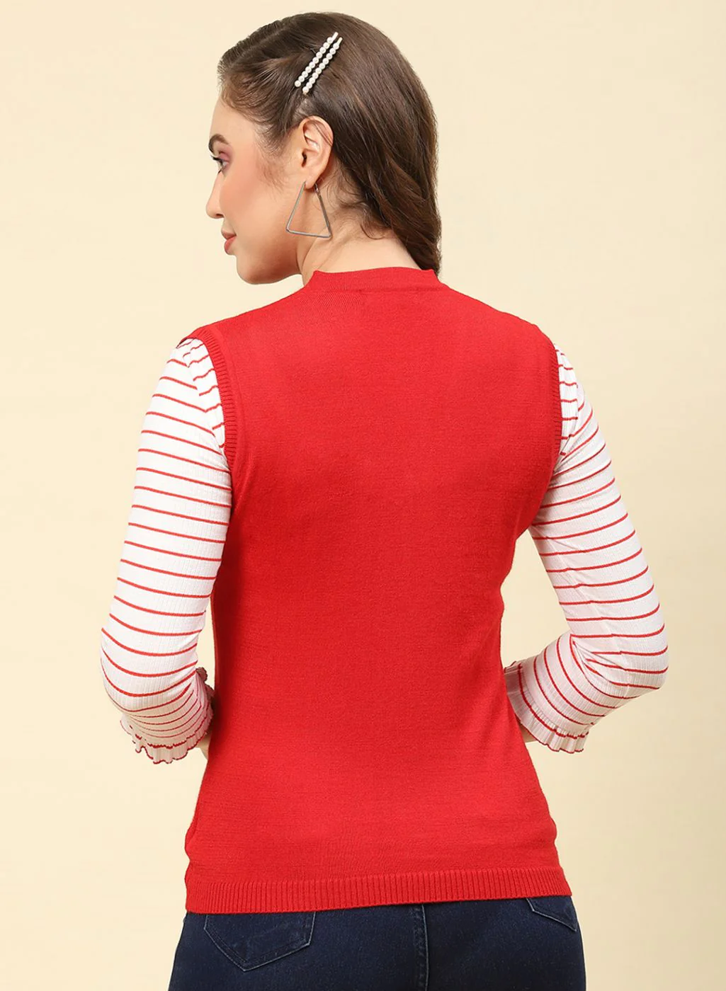 Women Red Solid Modal Nylone Cardigan - Image 5