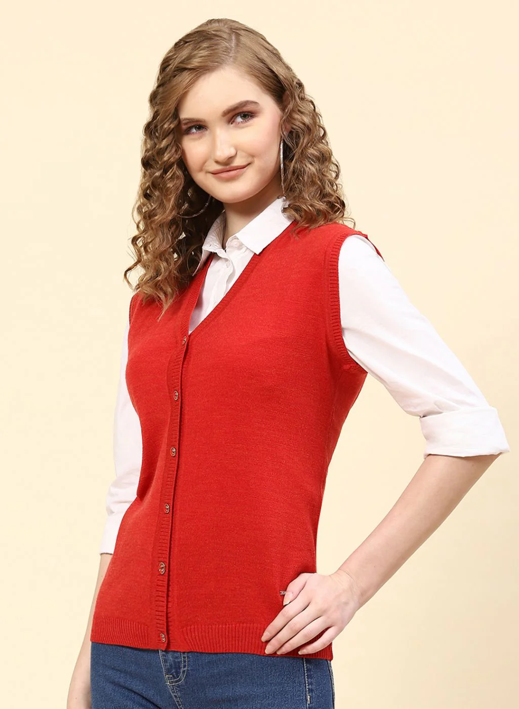 Women Red Solid Wool blend Cardigan - Image 3