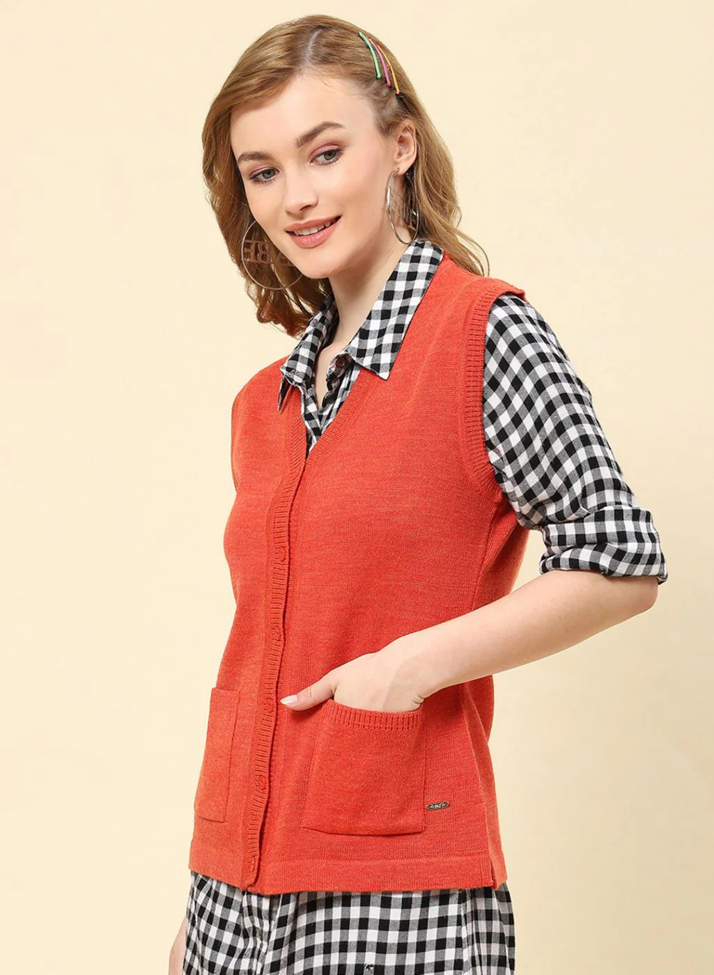 Women Rust Orange Solid Blend wool Cardigan - Image 3