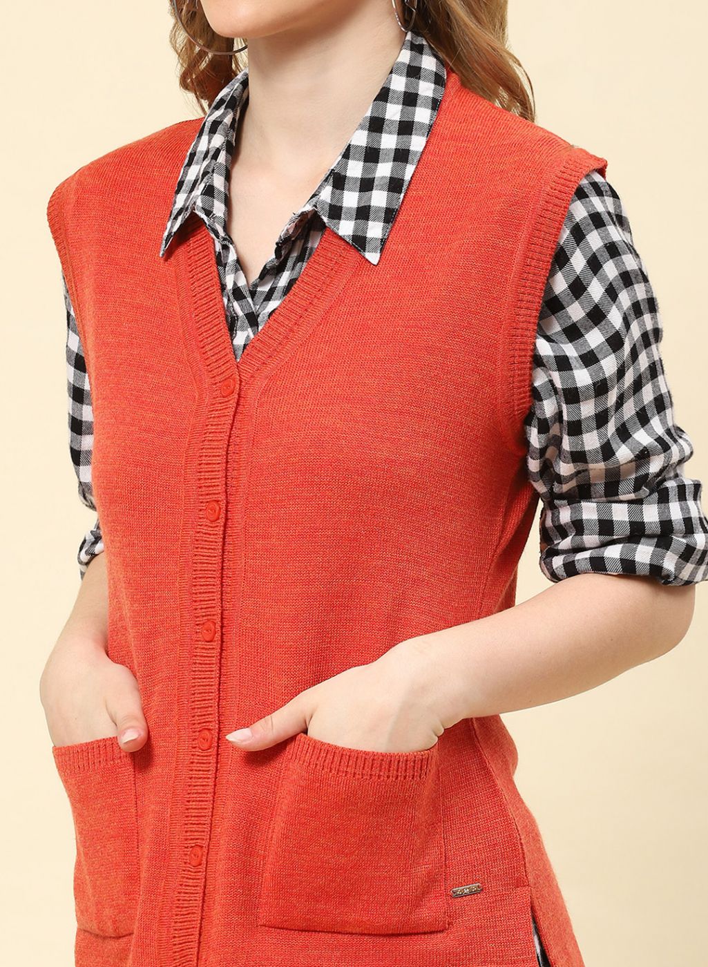 Women Rust Orange Solid Blend wool Cardigan - Image 6