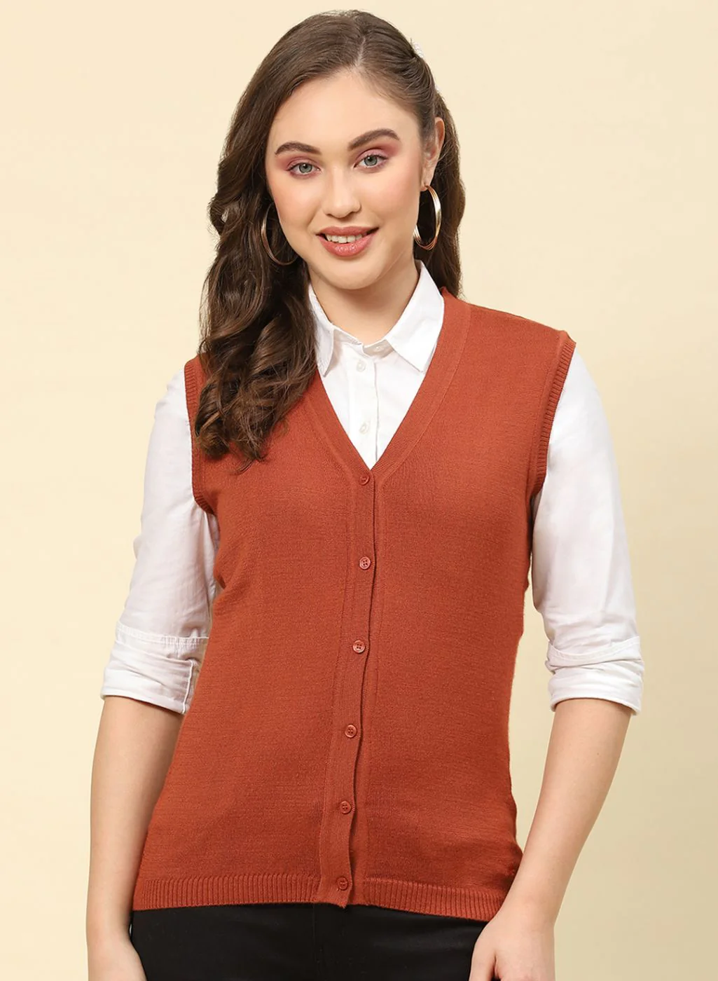 Women Rust Orange Solid Modal Nylone Cardigan - Image 2