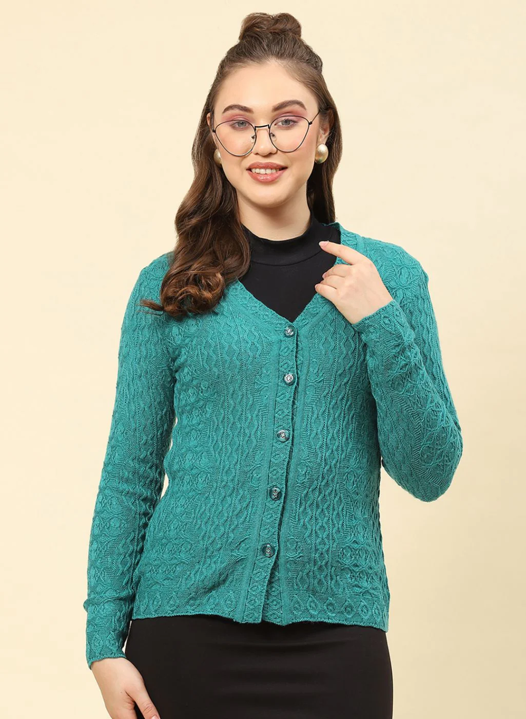 Women Sea Green Self Design Blend wool Cardigan - Image 2