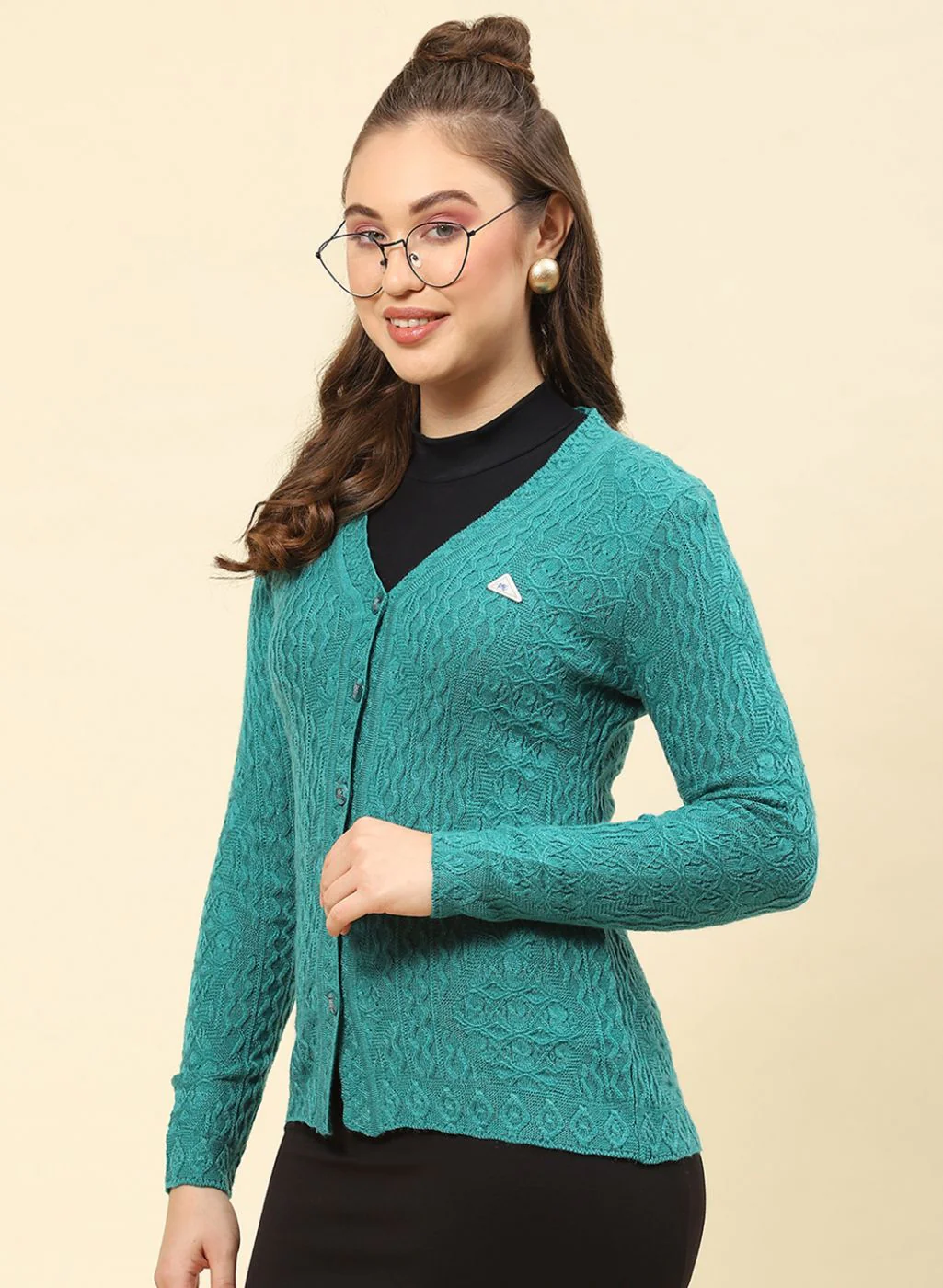 Women Sea Green Self Design Blend wool Cardigan - Image 3
