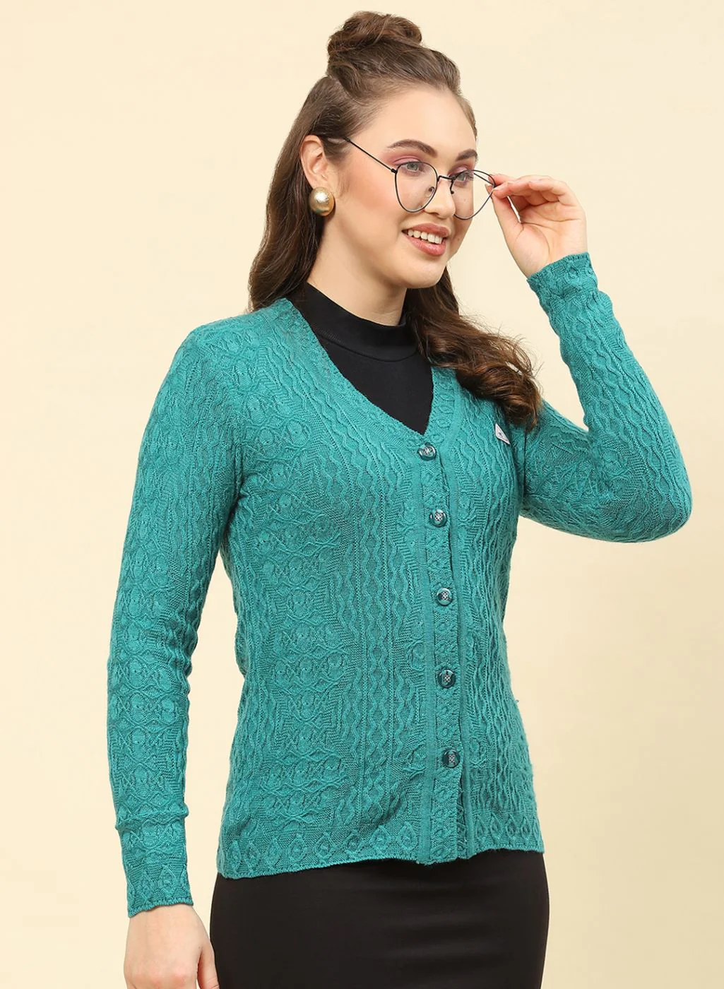 Women Sea Green Self Design Blend wool Cardigan - Image 4