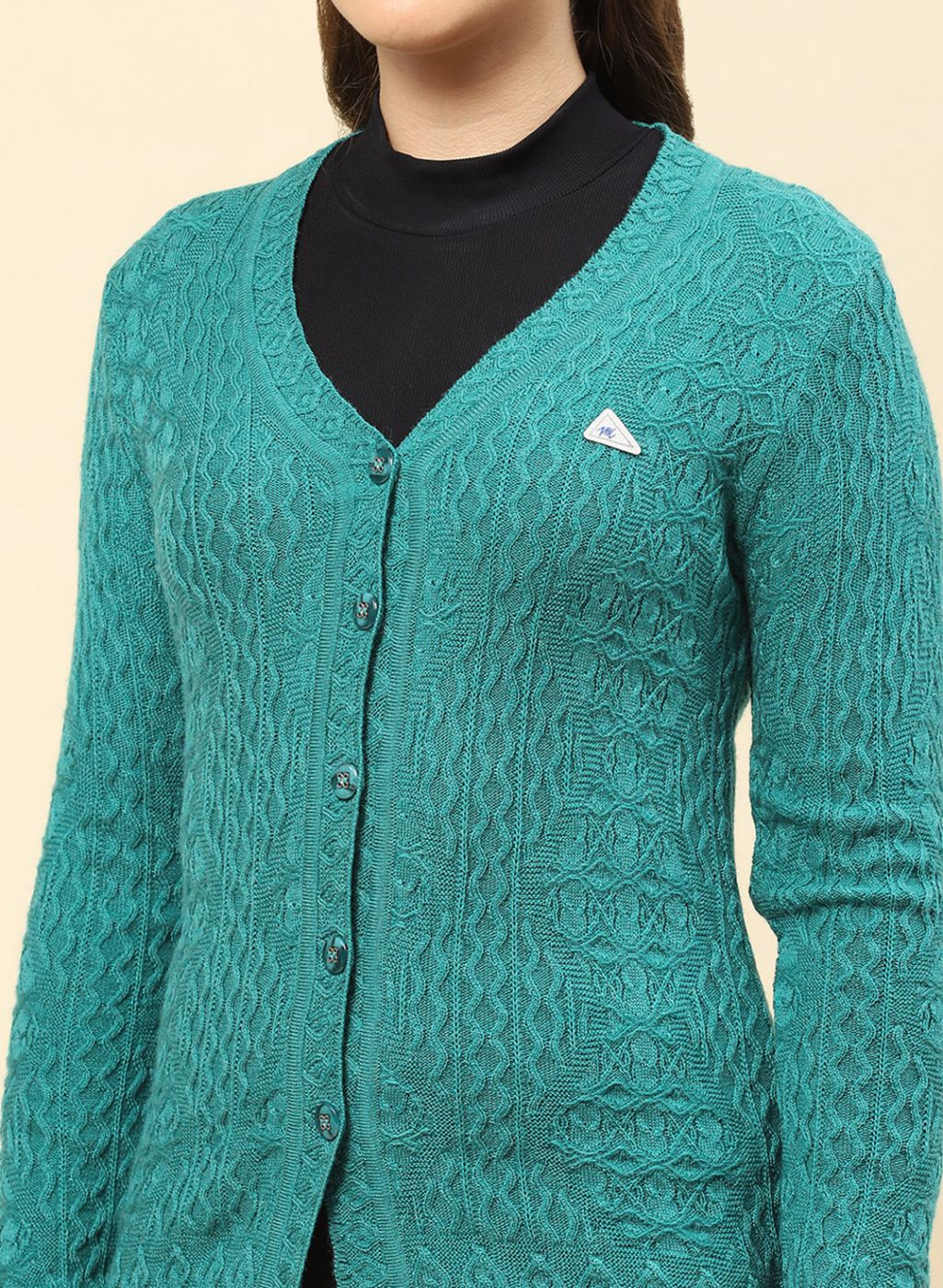 Women Sea Green Self Design Blend wool Cardigan - Image 6