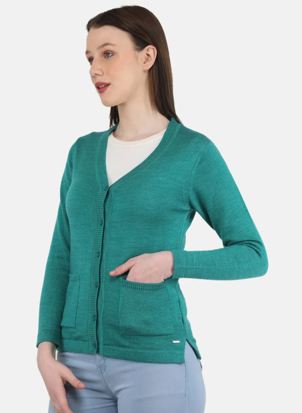 Women Sea Green Solid Cardigan - Image 2