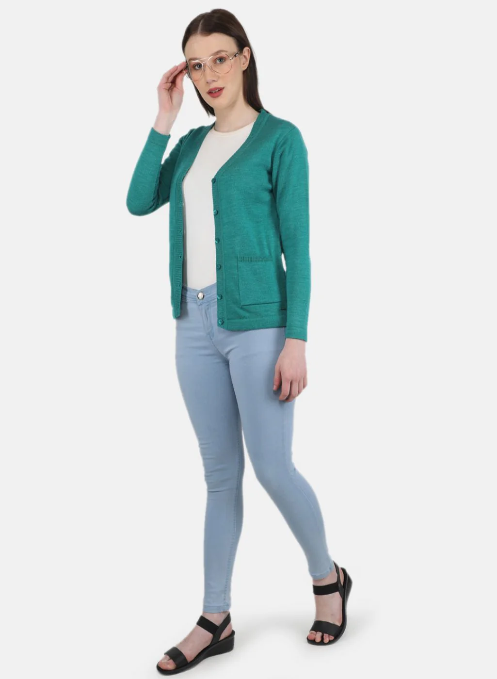 Women Sea Green Solid Cardigan - Image 4