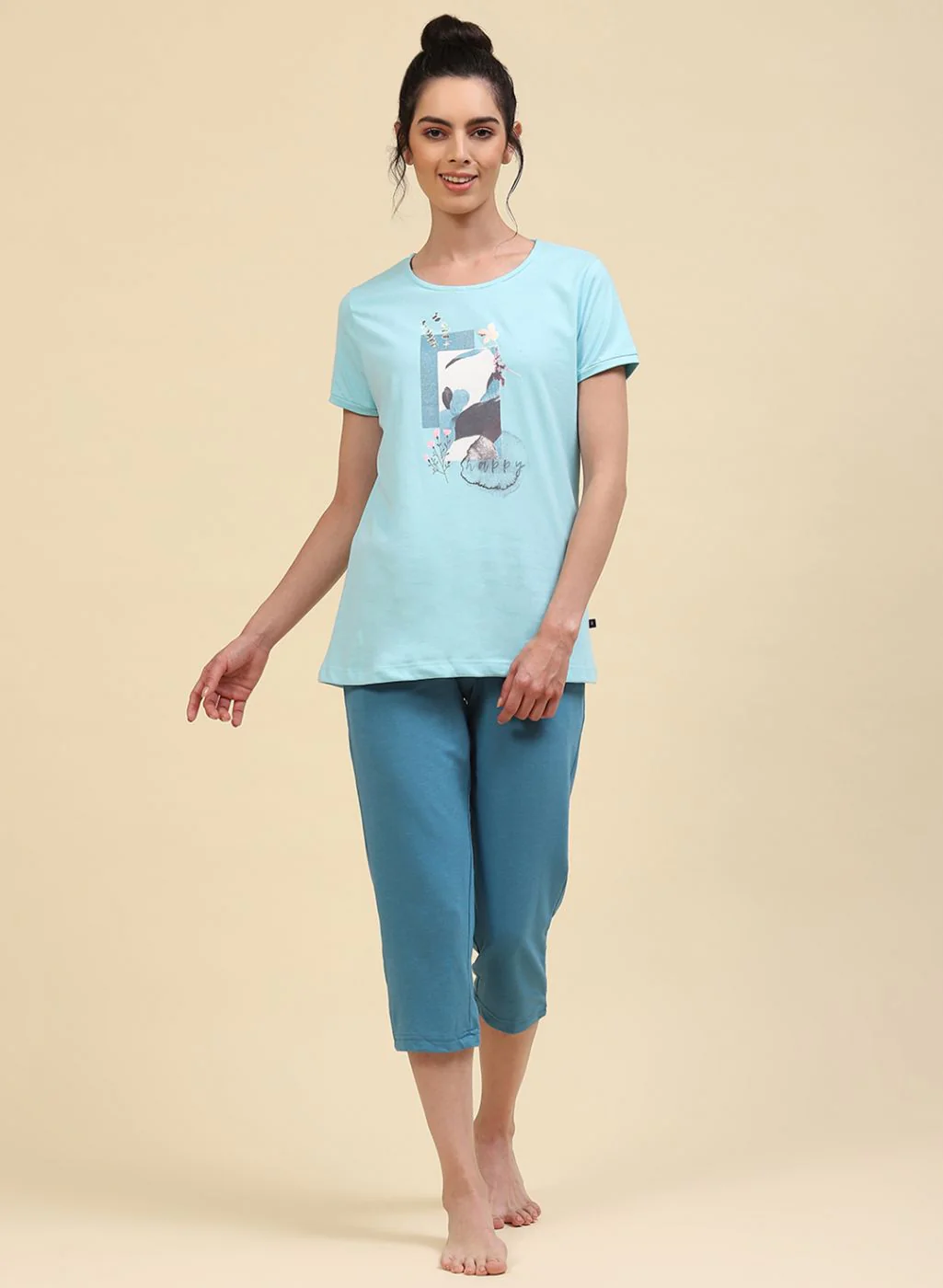Women Sky Blue Printed Capri Set - Image 2