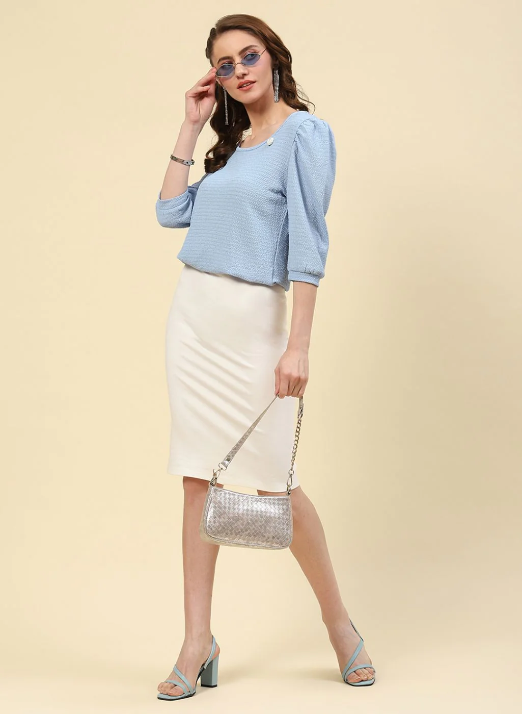 Women Sky Blue Printed Top - Image 2