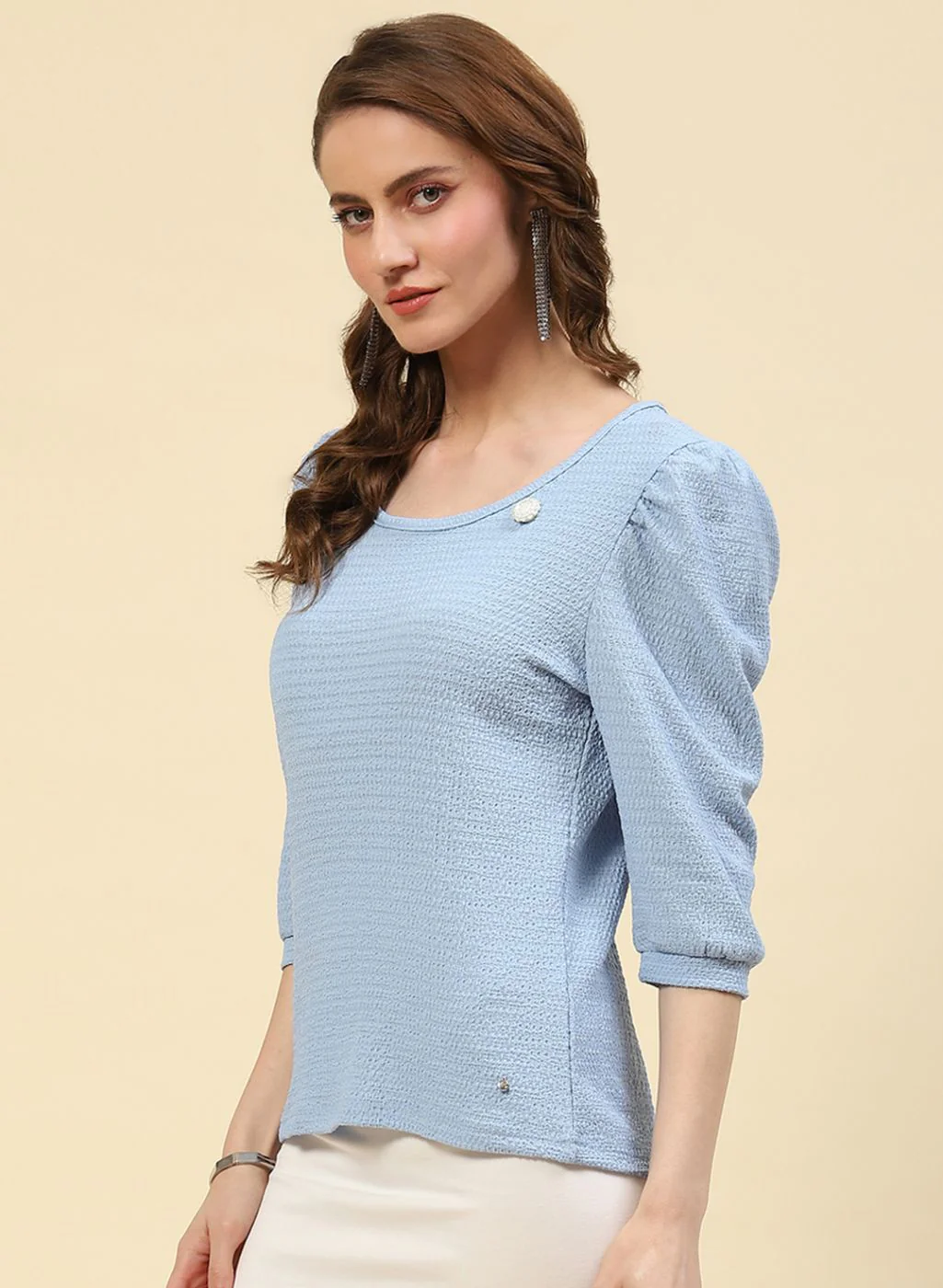 Women Sky Blue Printed Top - Image 4