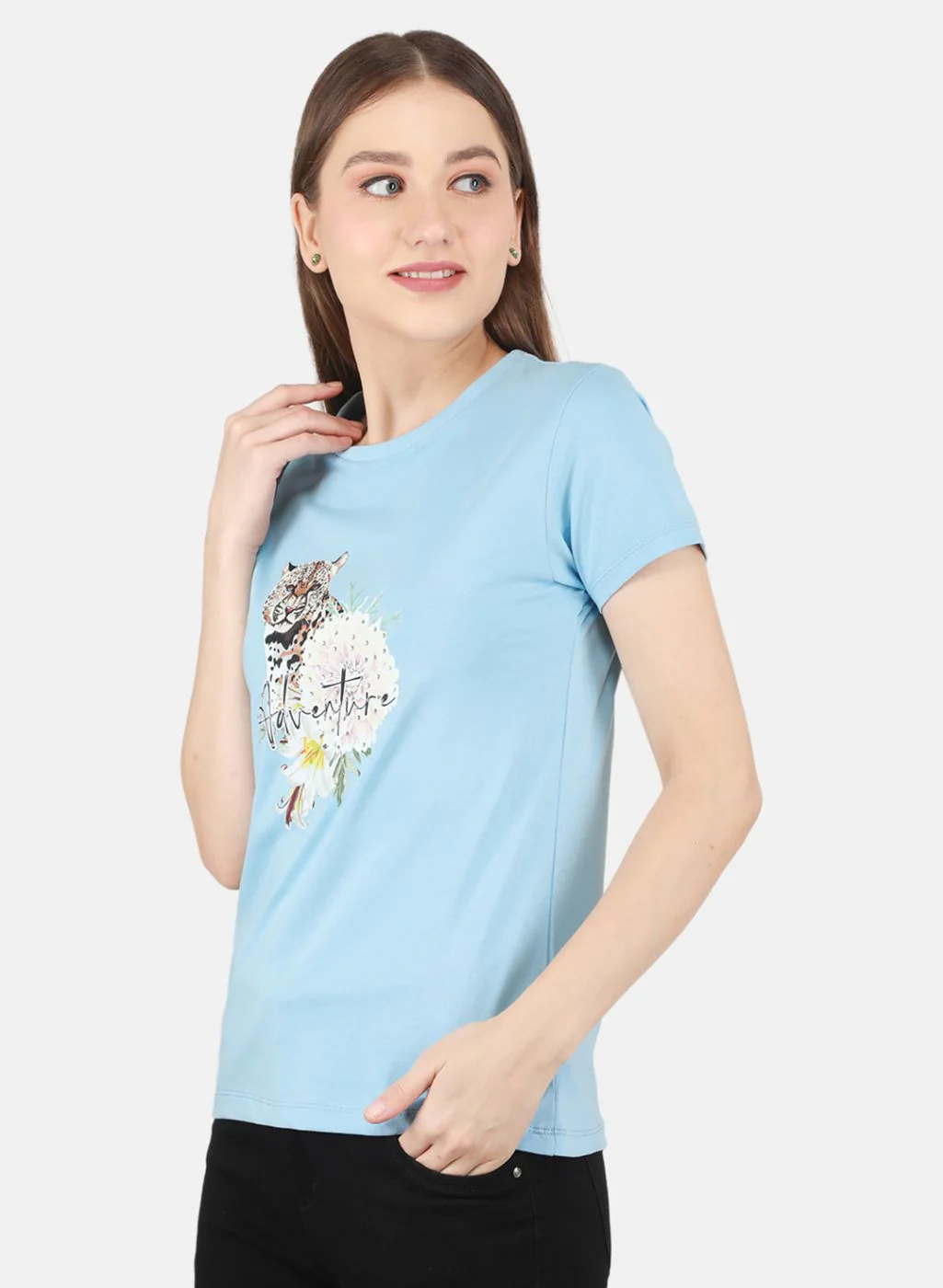 Women Sky Blue Printed Top - Image 2