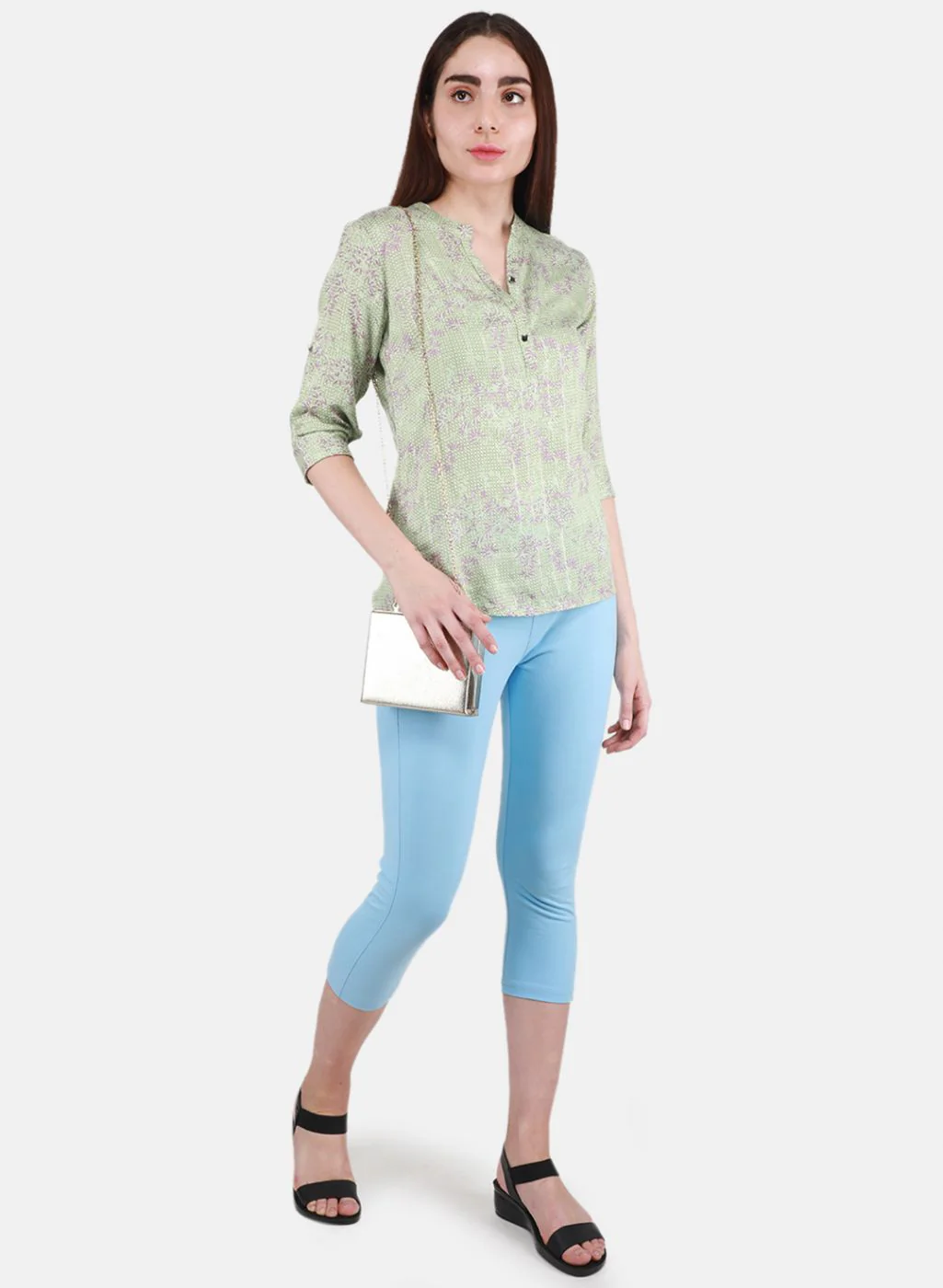 Women Sky Blue Solid Capri - Image 4