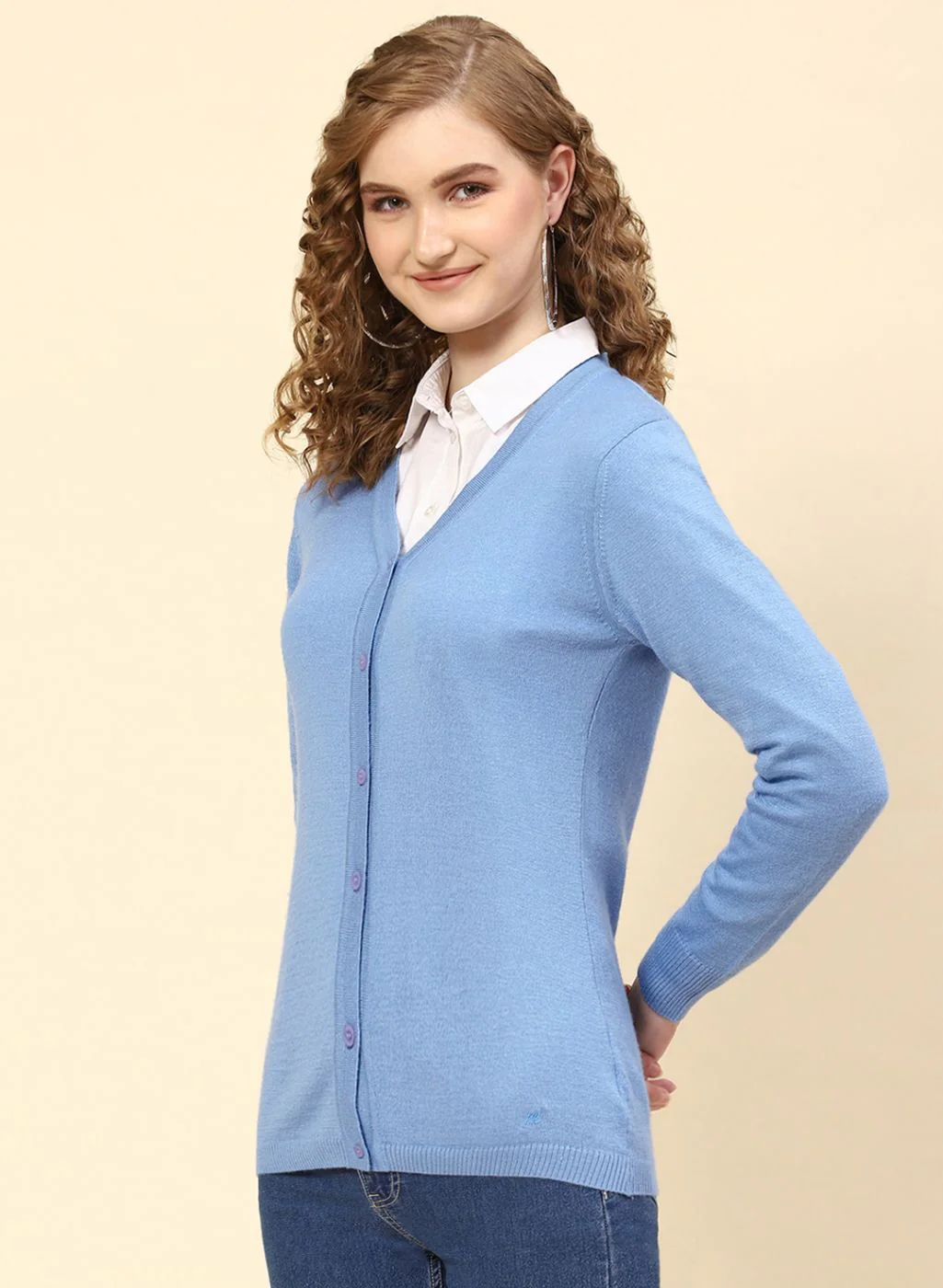 Women Sky Blue Solid Modal Nylone Cardigan - Image 3