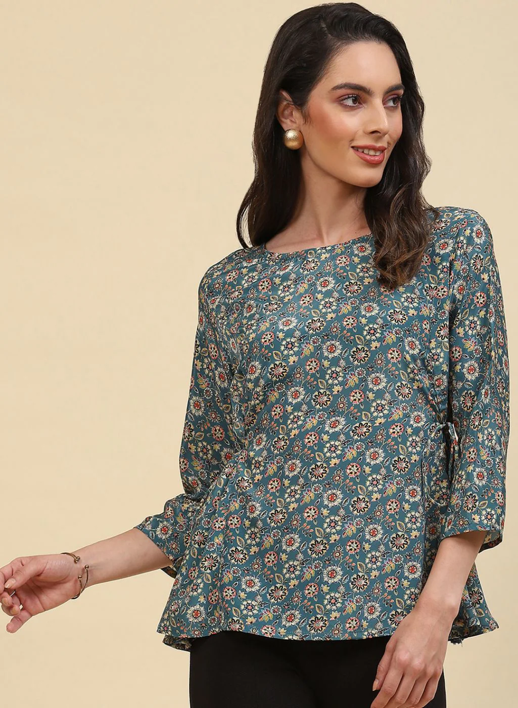 Women Teal Blue Printed Top - Image 2