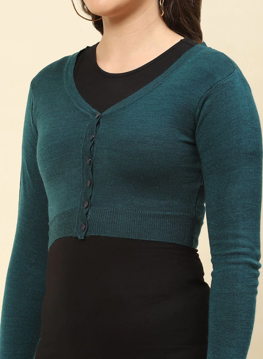 Women Teal Blue Solid Blend wool Blouse - Image 6