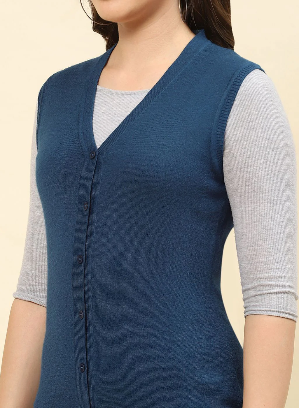 Women Teal Blue Solid Modal Nylone Cardigan - Image 6