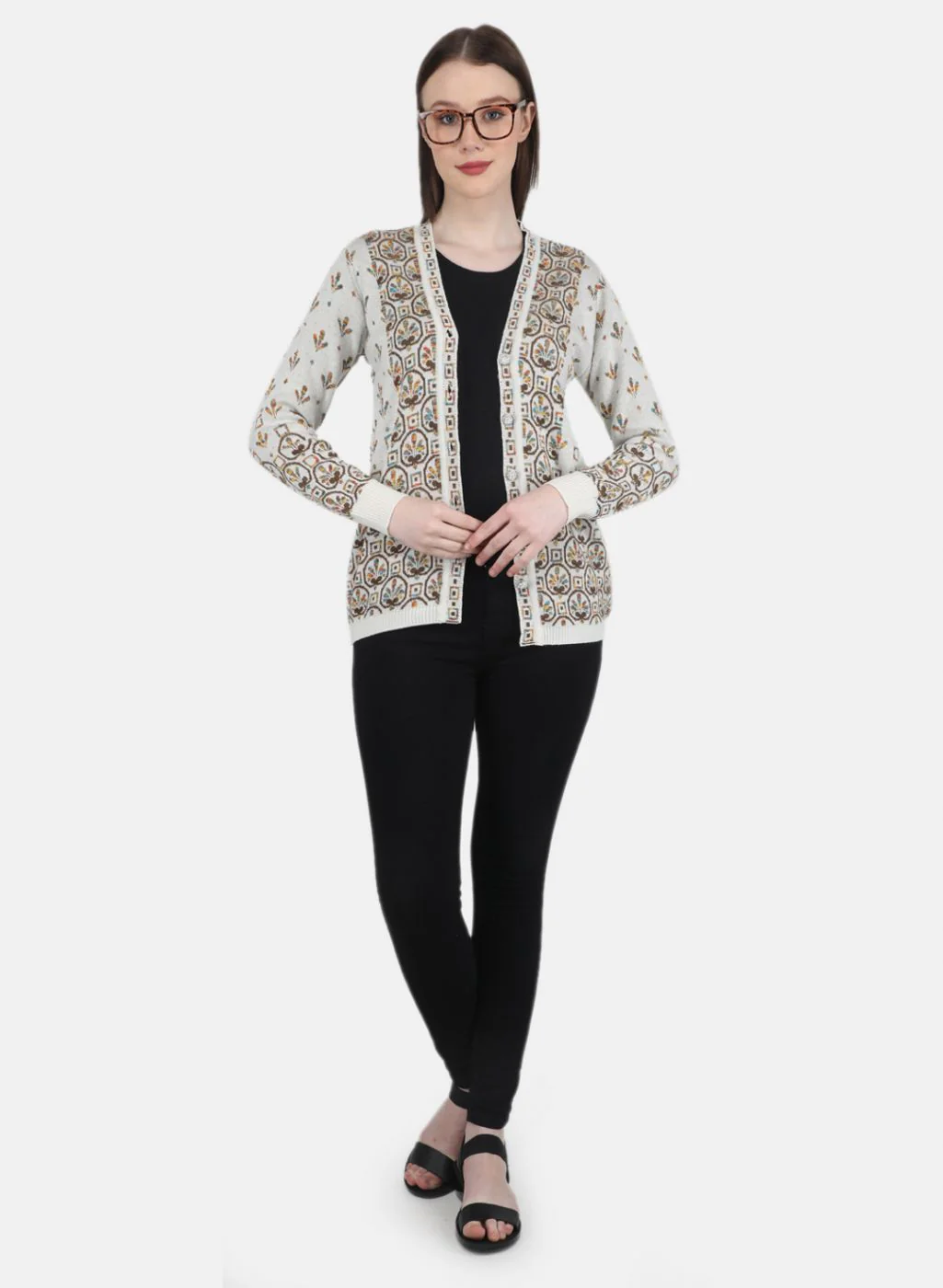 Women White & Brown Self Design Cardigan - Image 4
