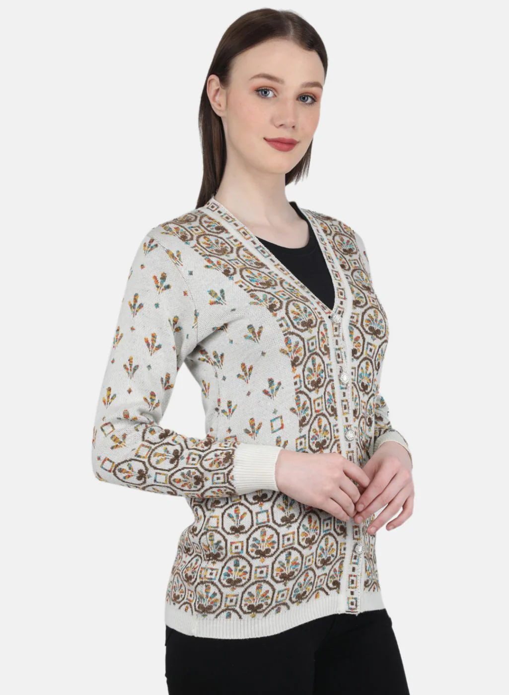 Women White & Brown Self Design Cardigan - Image 6
