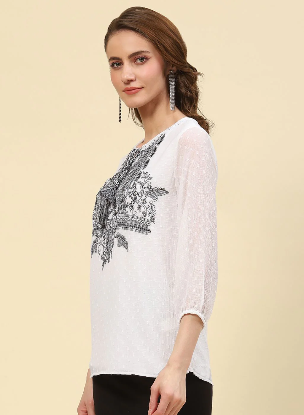 Women White Embroidered Top - Image 2