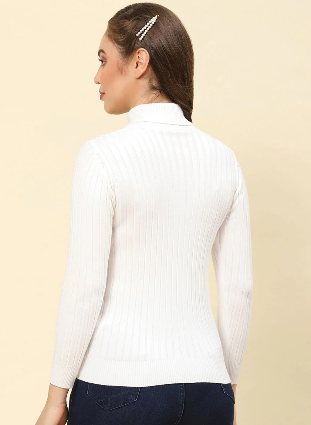 Women White Self Design Blend wool Winter Top - Image 5