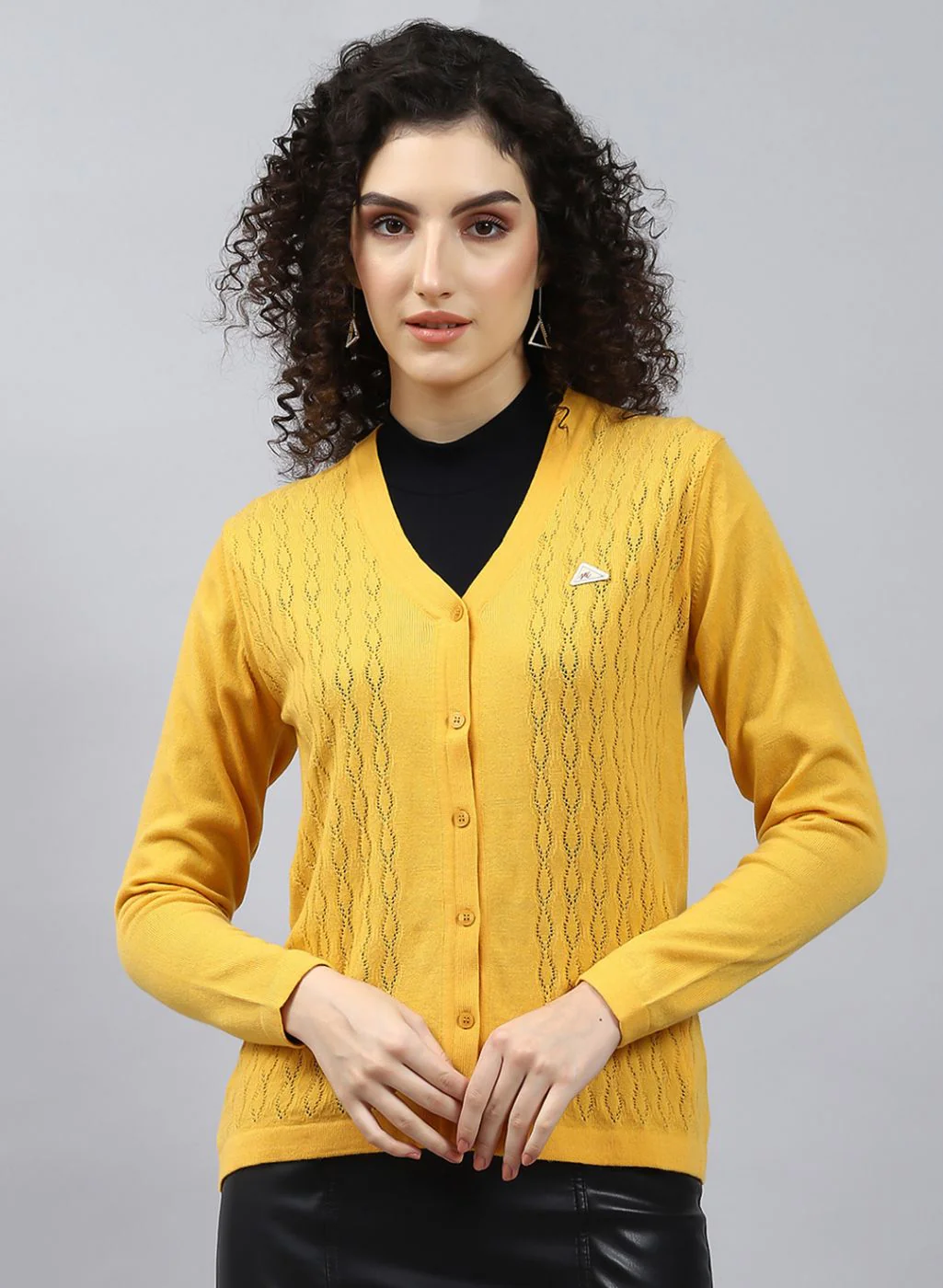 Women Yellow Self Design Wool blend Cardigan - Image 2