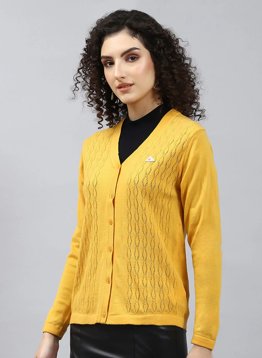 Women Yellow Self Design Wool blend Cardigan - Image 3