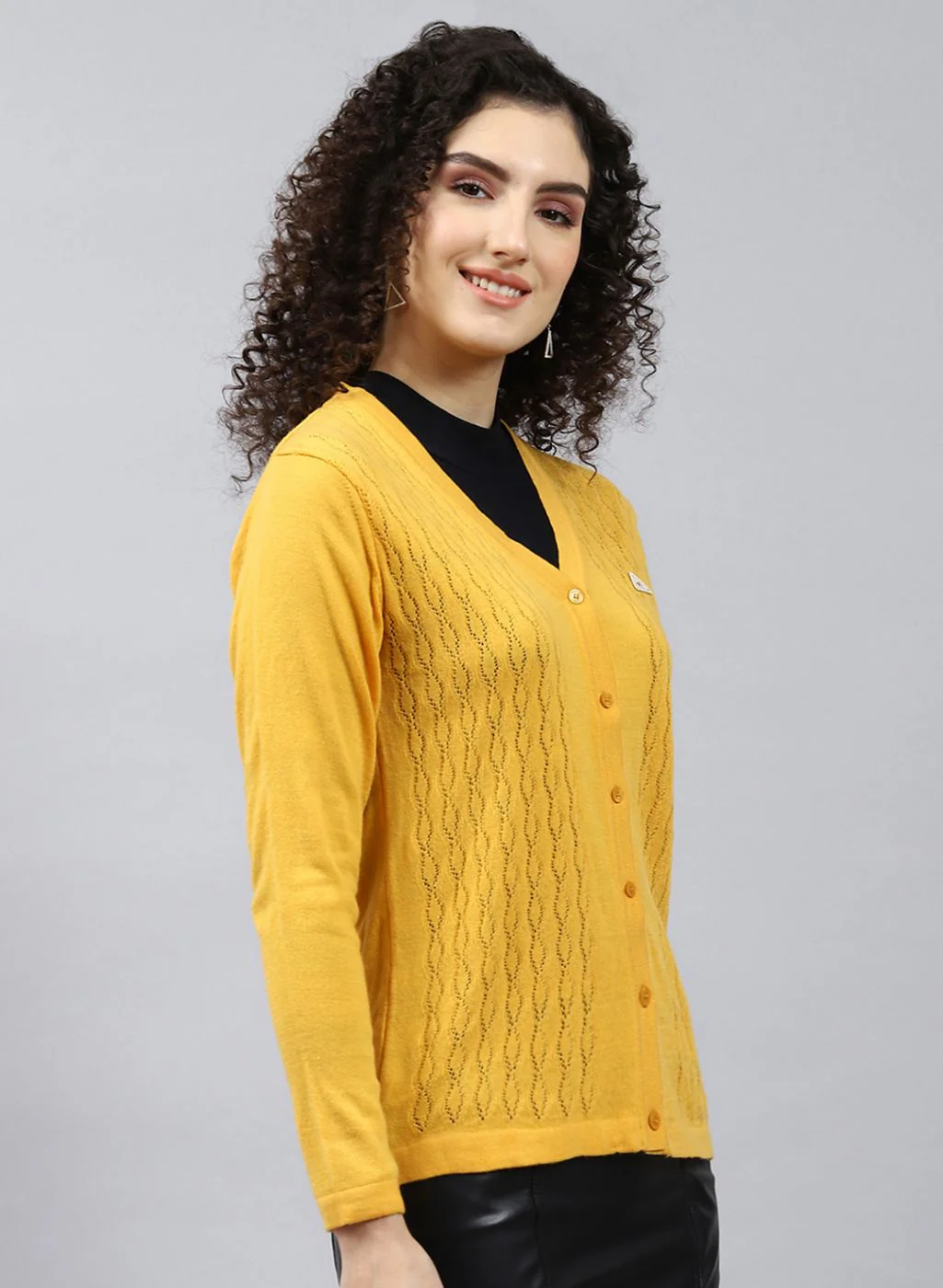 Women Yellow Self Design Wool blend Cardigan - Image 4