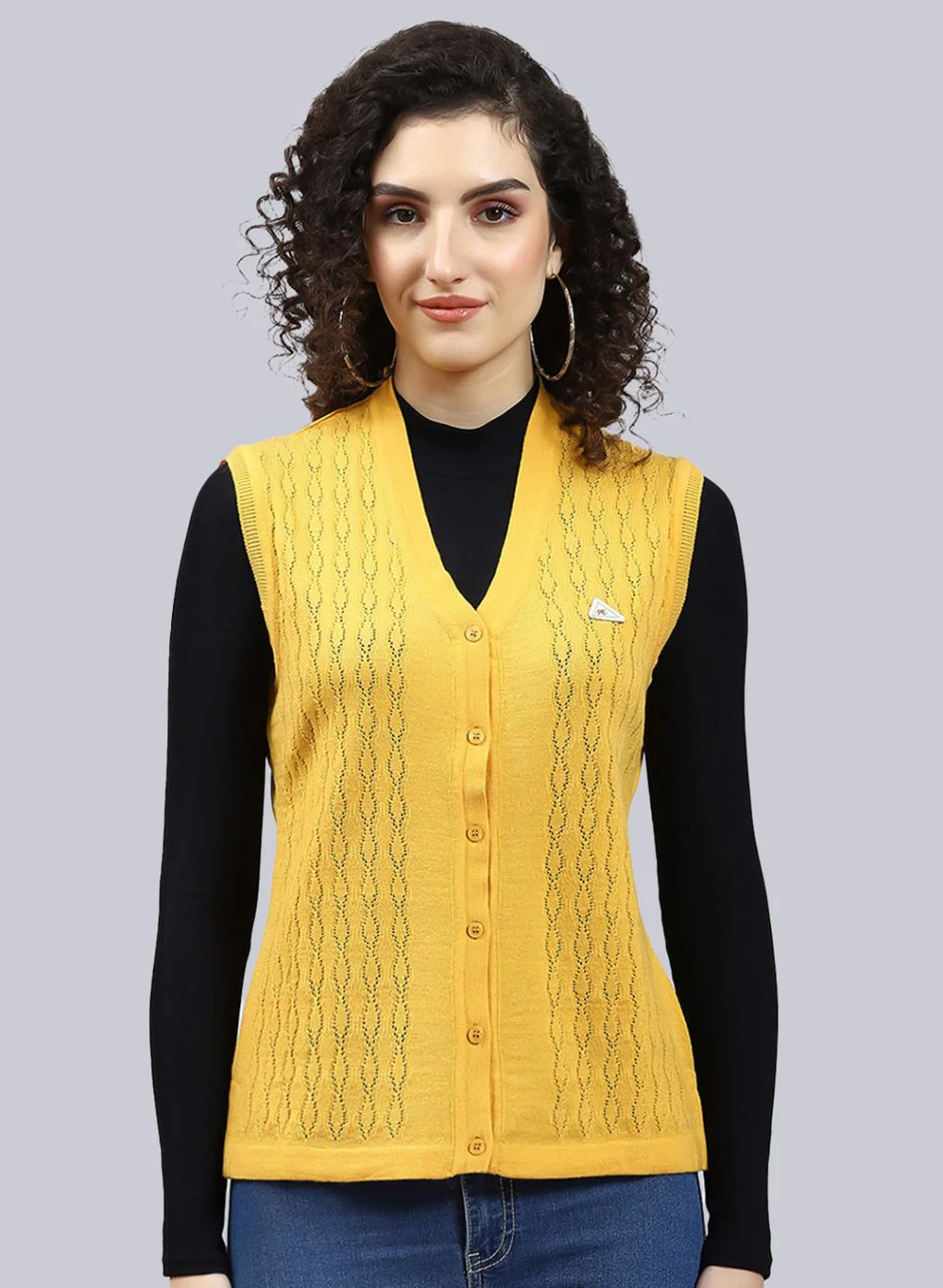 Women Yellow Self Design Wool blend Cardigan - Image 2
