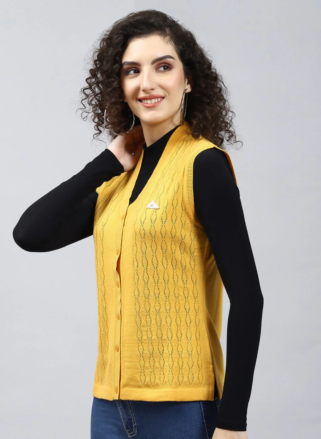 Women Yellow Self Design Wool blend Cardigan - Image 3