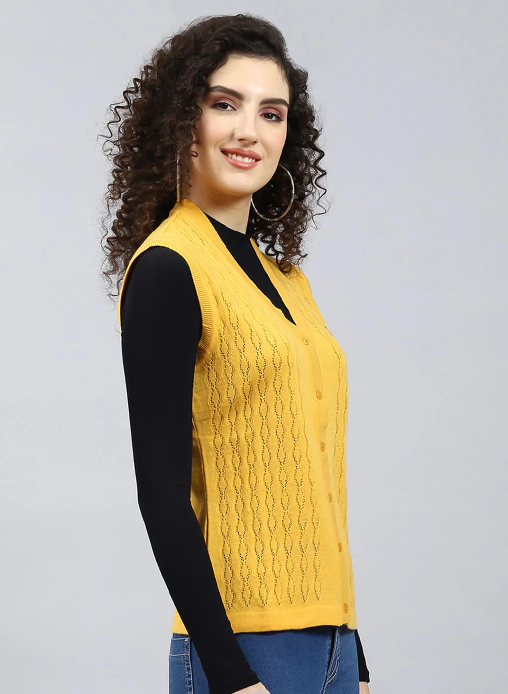 Women Yellow Self Design Wool blend Cardigan - Image 4