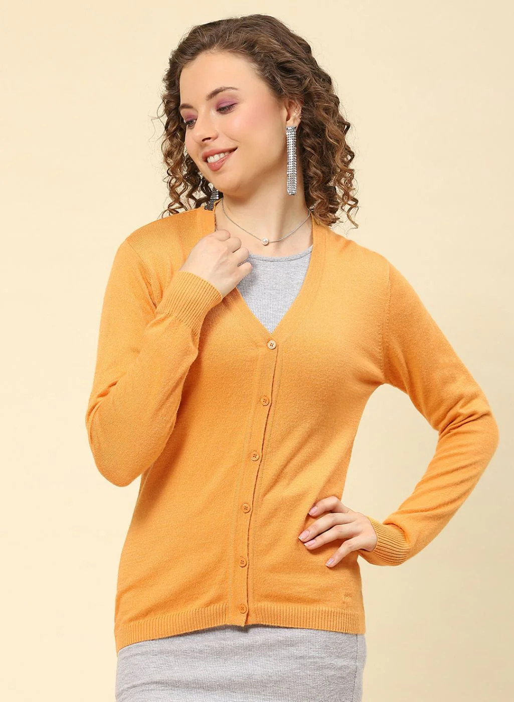 Women Yellow Solid Modal Nylone Cardigan - Image 2