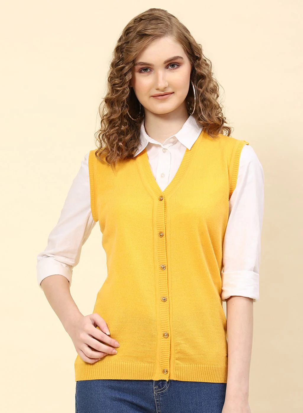 Women Yellow Solid Wool blend Cardigan - Image 2
