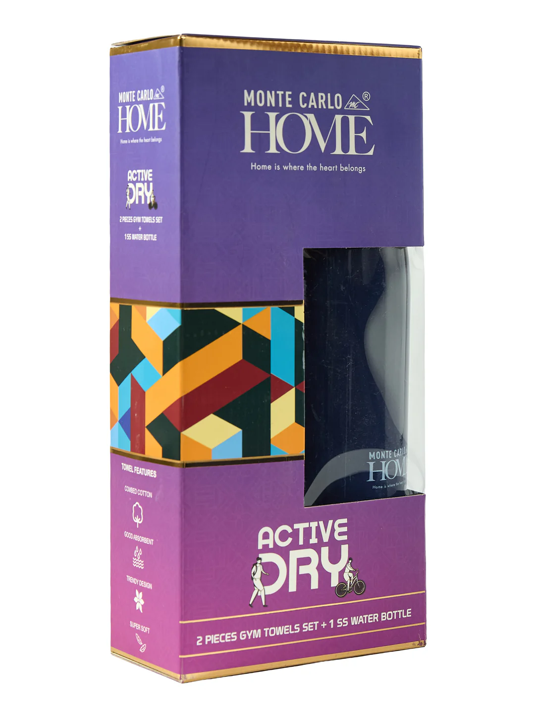 Navy Blue 100% Cotton Solid 400 GSM Gym Towel Active Dry 2 Pc Set Gift Box Pack with Free Bottle - Image 11