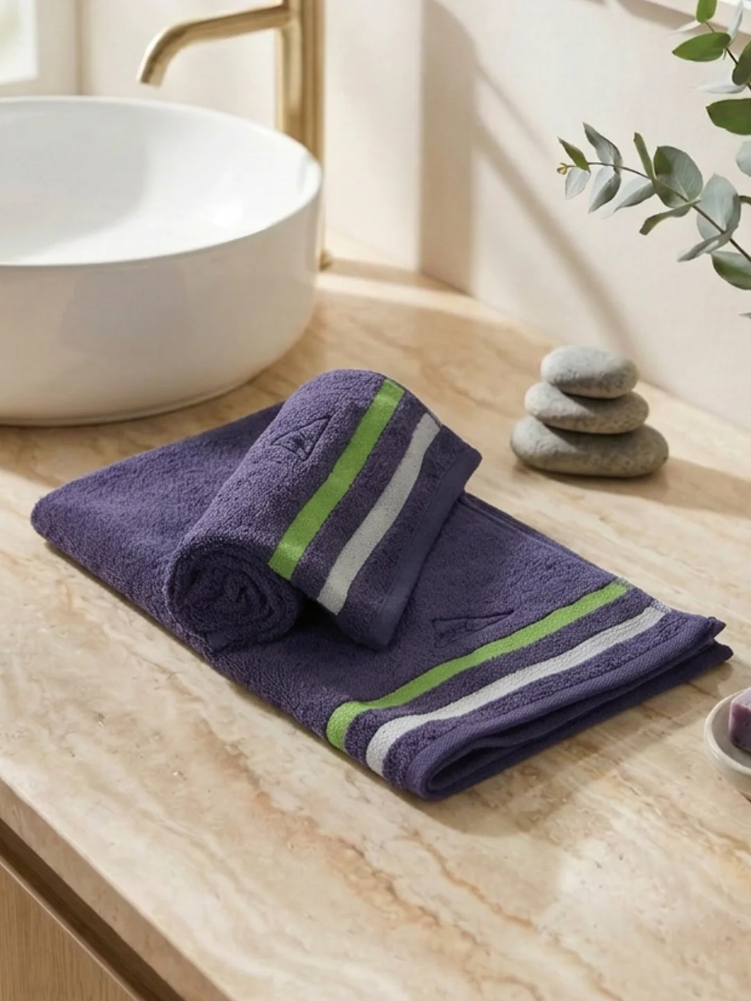 Navy Blue 100% Cotton Solid 400 GSM Gym Towel Active Dry 2 Pc Set Gift Box Pack with Free Bottle - Image 2
