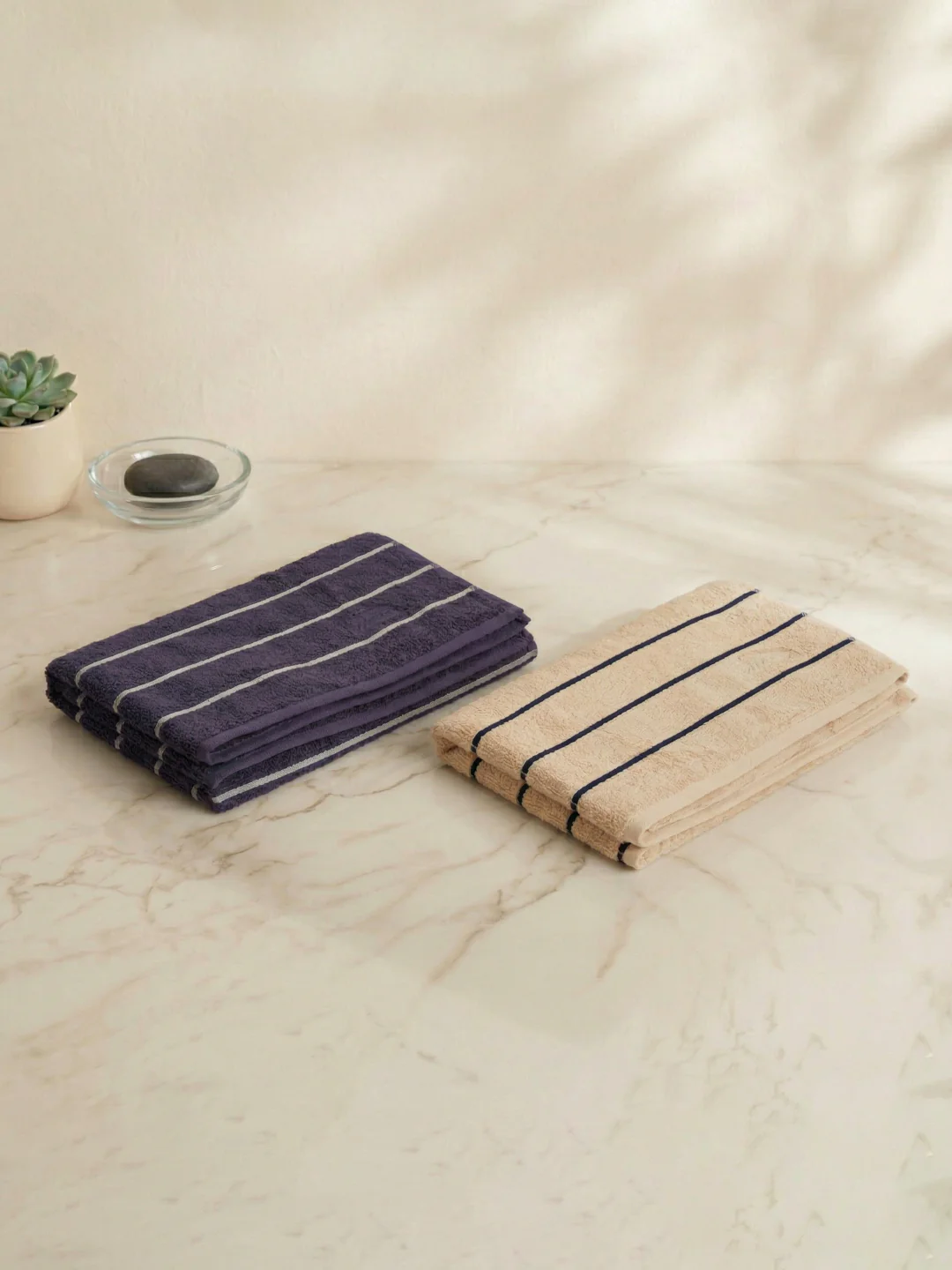 Navy Blue & Light Beige 100% Cotton Solid 480 GSM Bath Towel King & Queen 2 Pc Set Gifting Box Pack - Image 2