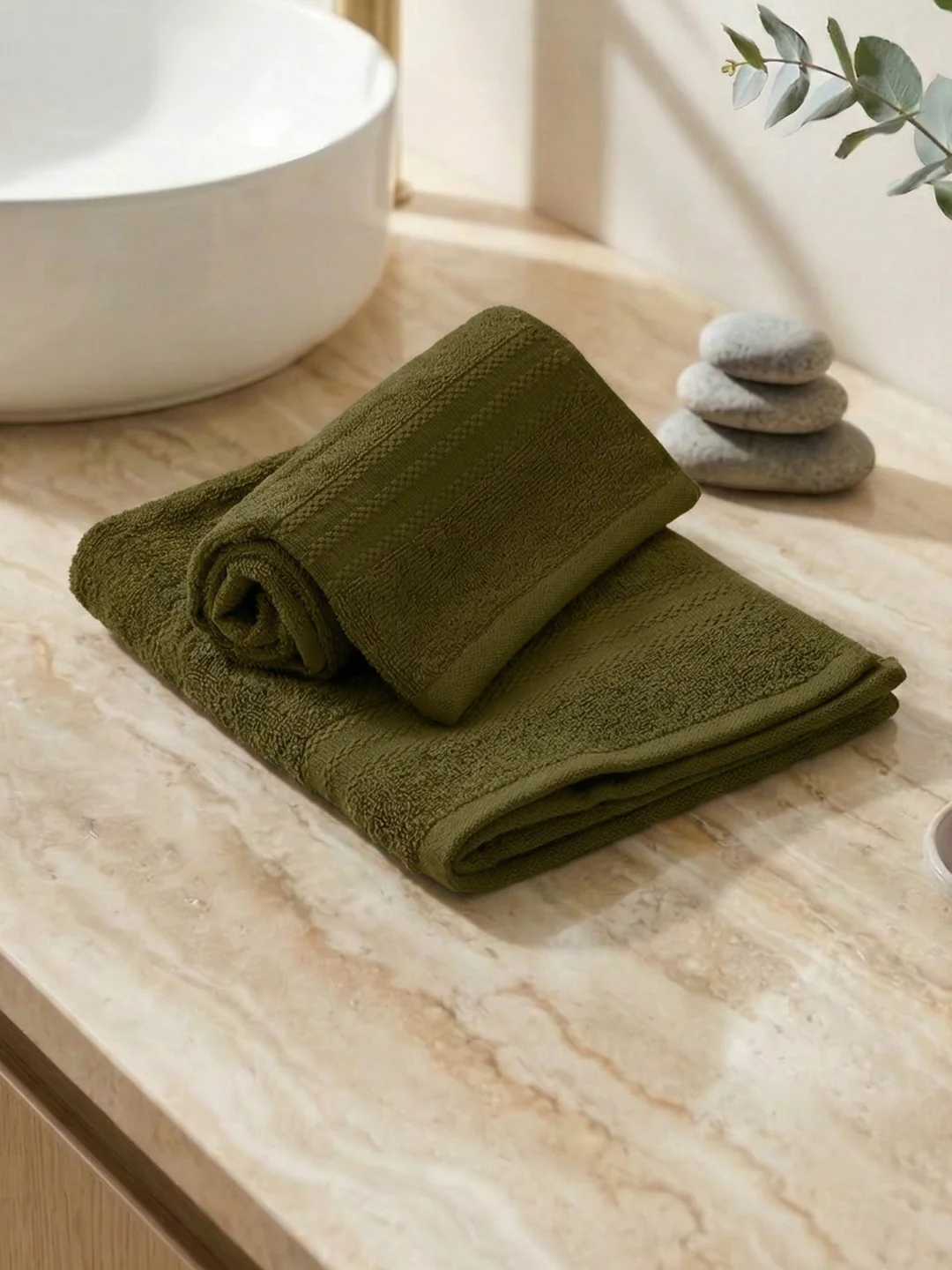Olive Pure Cotton Solid 380 GSM Hand Towel 2 Pc Set (Jazz Collection) - Image 2