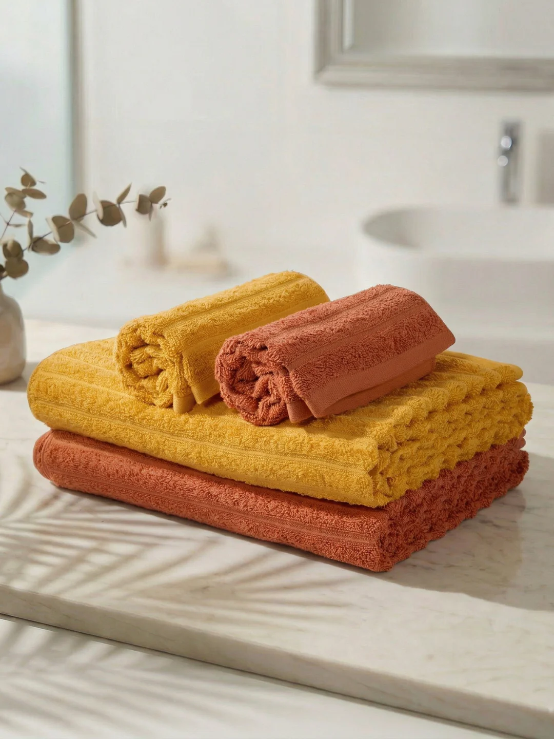 Orange & Yellow 100% Cotton Solid 500 GSM Bath Towel Sensations 4 Pc Set Gifting Box Pack - Image 3