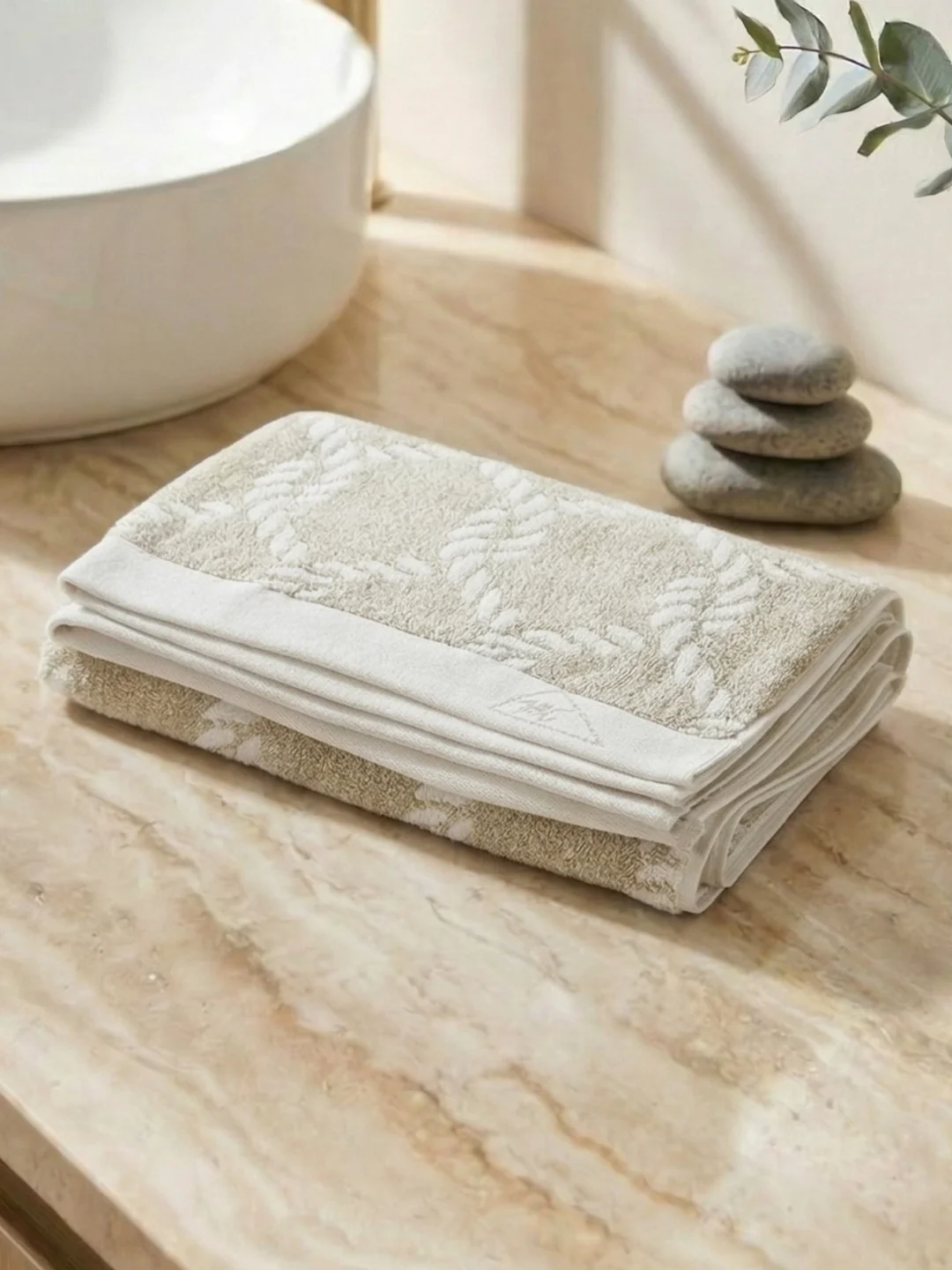 Premium Beige & White Pure Cotton Self Design 500 GSM Bath Towel 1 Piece (Green Weave Collection) - Image 2