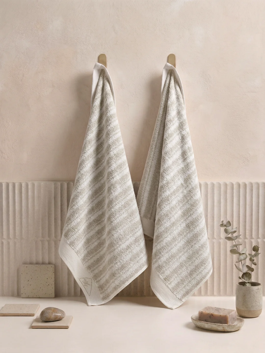 Premium Beige & White Pure Cotton Self Design 500 GSM Hand Towel 2 Pc Set (Green Weave Collection)