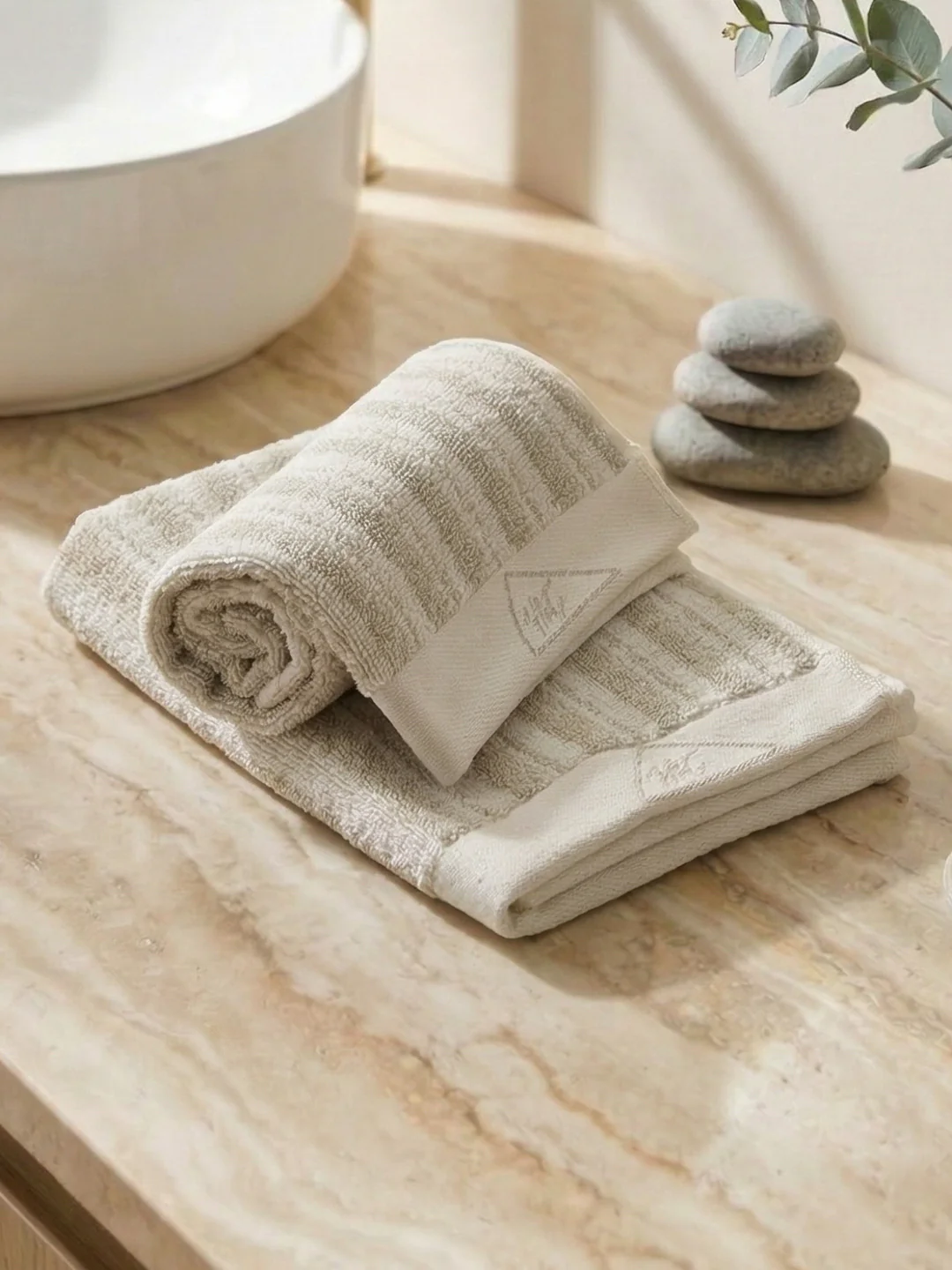 Premium Beige & White Pure Cotton Self Design 500 GSM Hand Towel 2 Pc Set (Green Weave Collection) - Image 2
