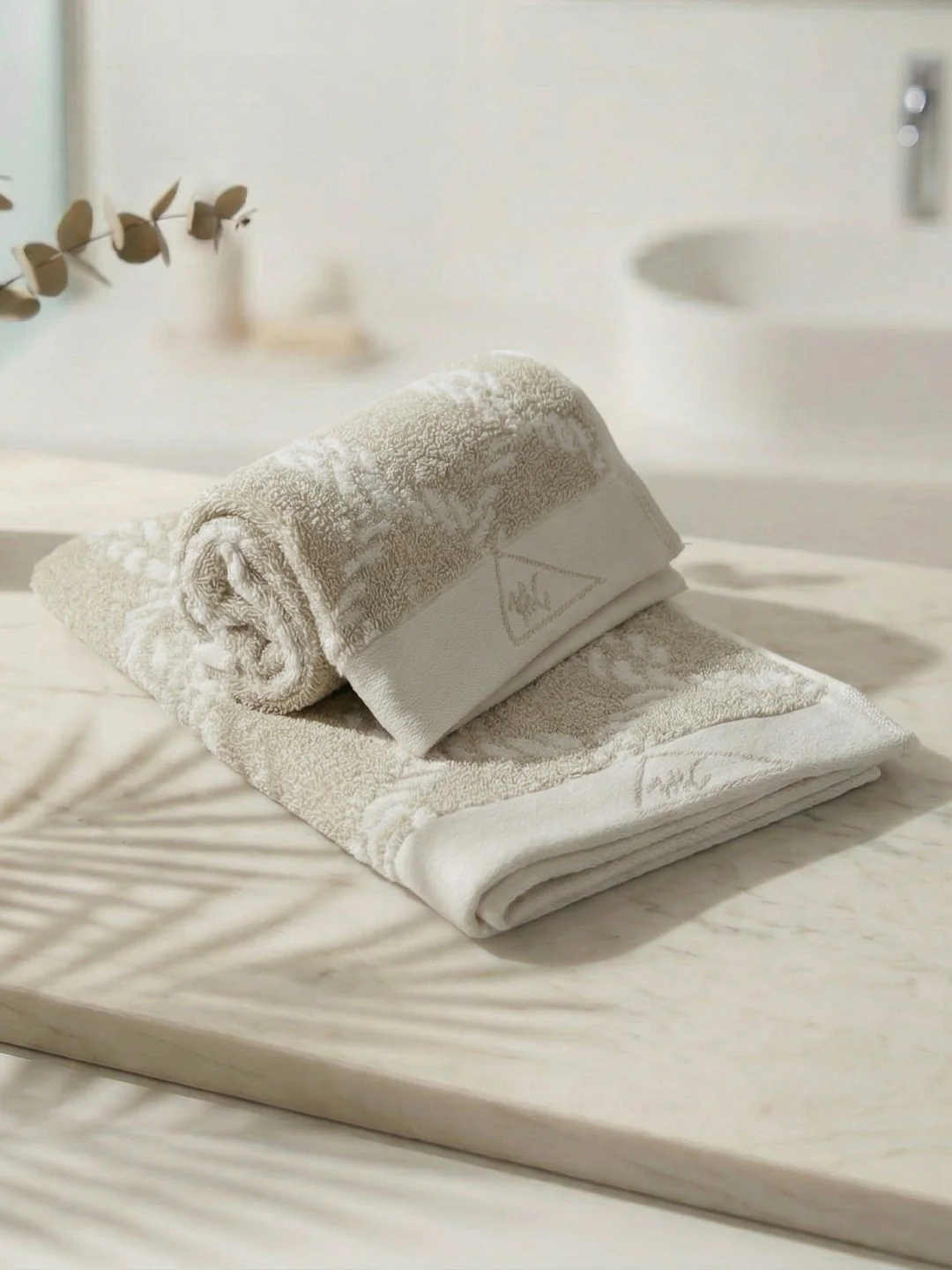 Premium Beige & White Pure Cotton Self Design 500 GSM Hand Towel 2 Pc Set (Green Weave Collection) - Image 2