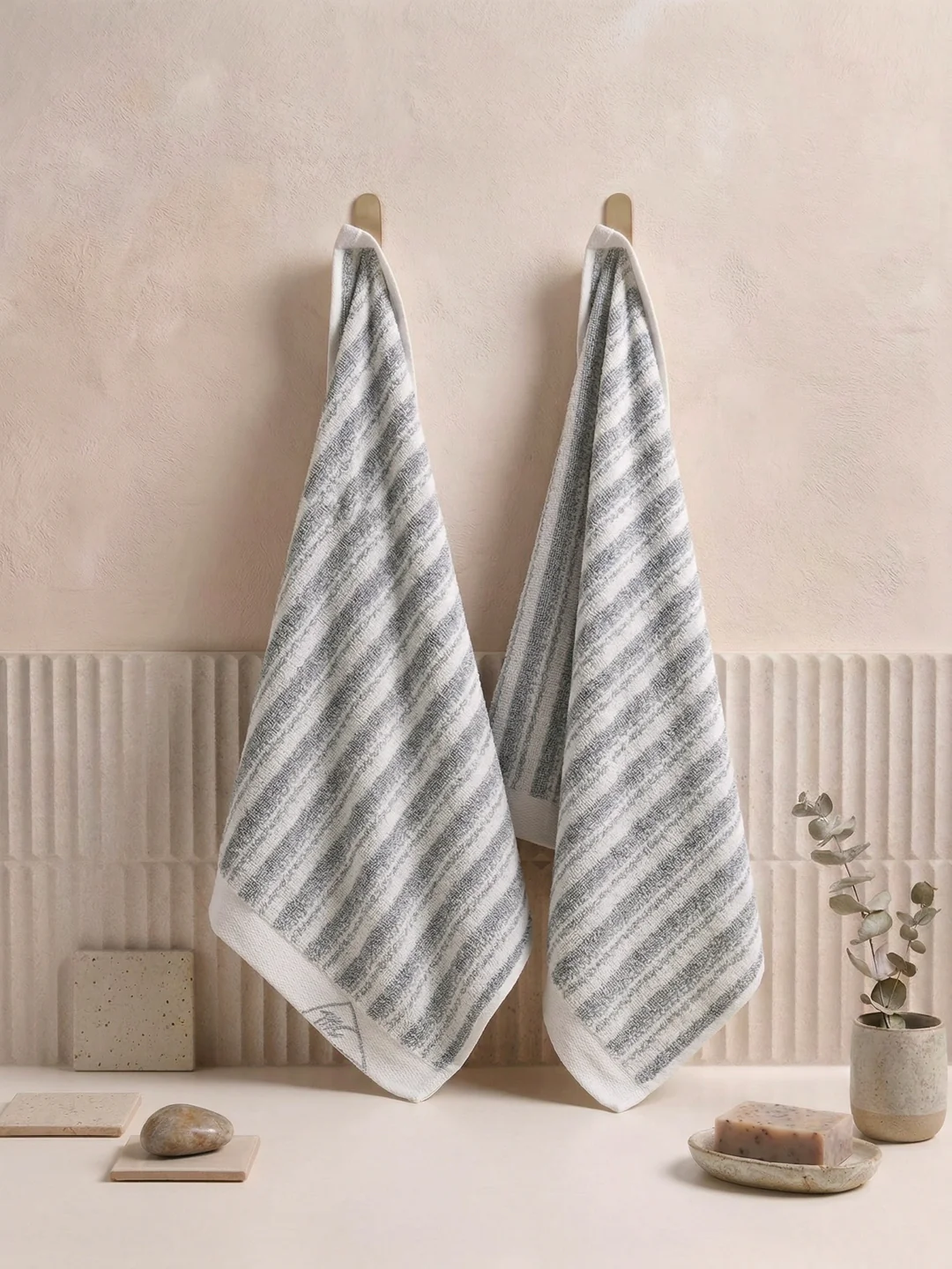 Premium Navy Blue & White Pure Cotton Self Design 500 GSM Hand Towel 2 Pc Set (Green Weave Collection)