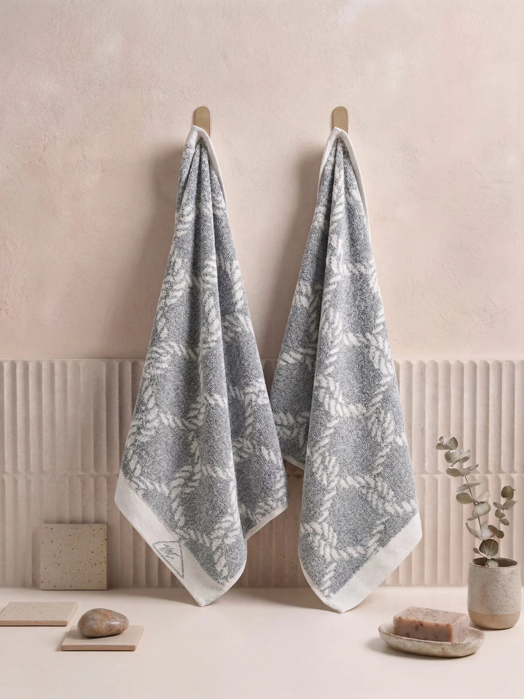 Premium Navy Blue & White Pure Cotton Self Design 500 GSM Hand Towel 2 Pc Set (Green Weave Collection)