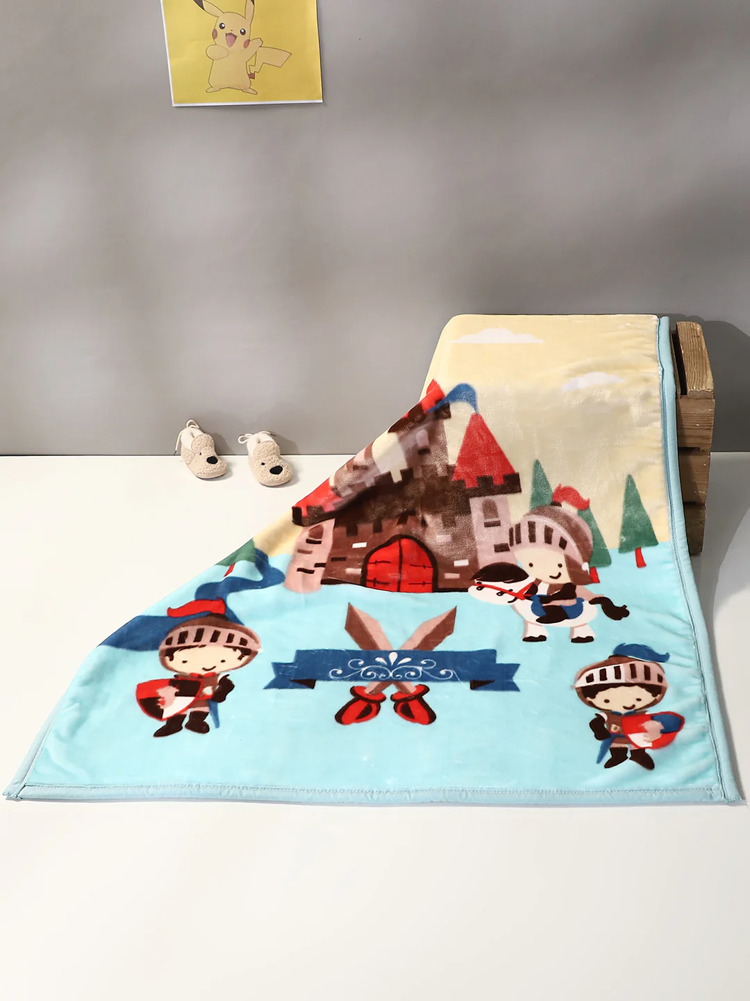 Cartoon Castle Printed Velvety Yellow and Blue Baby Blanket - Image 2