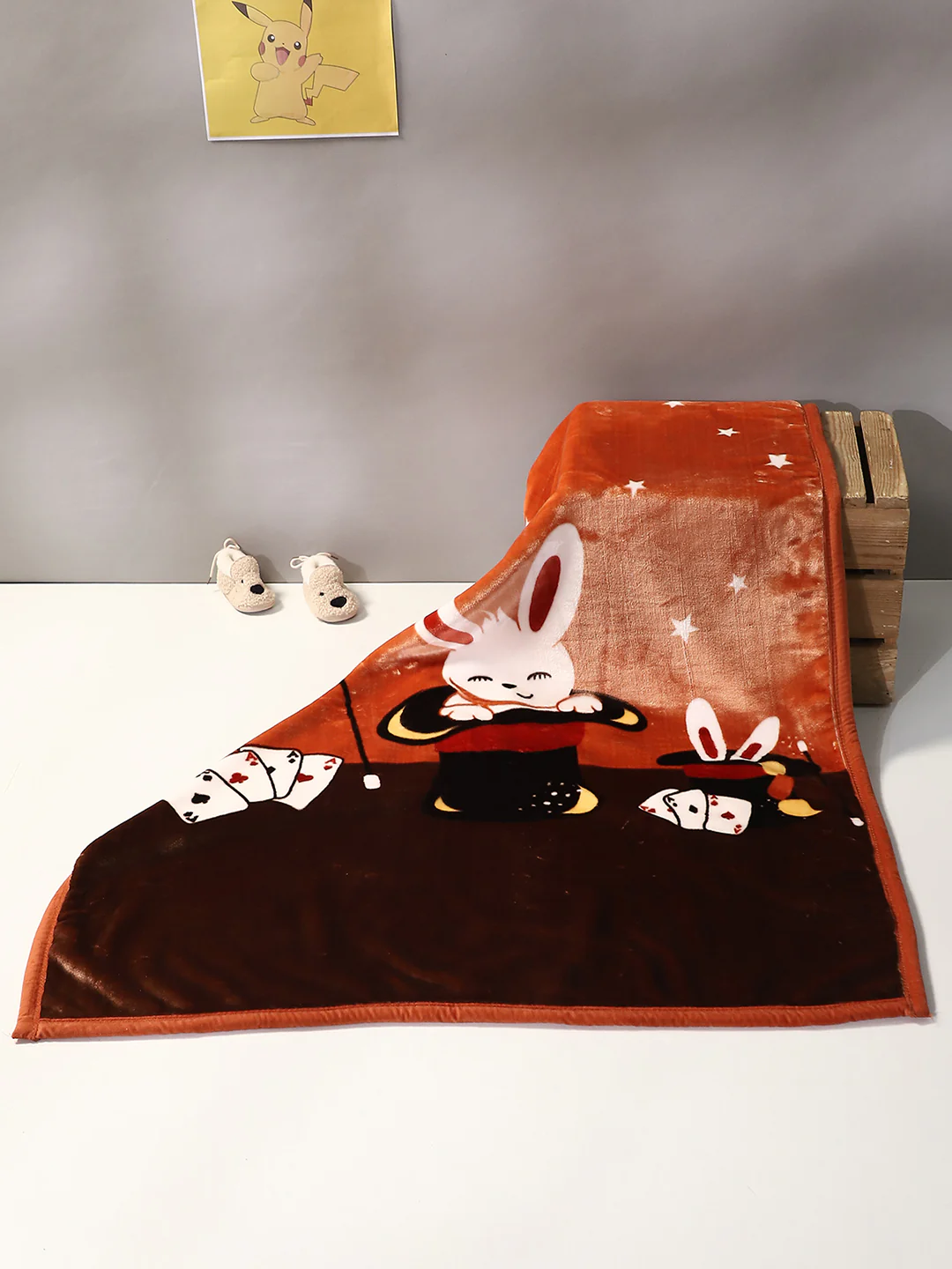 Cartoon Rabbit Printed Velvety Brown Baby Blanket - Image 2